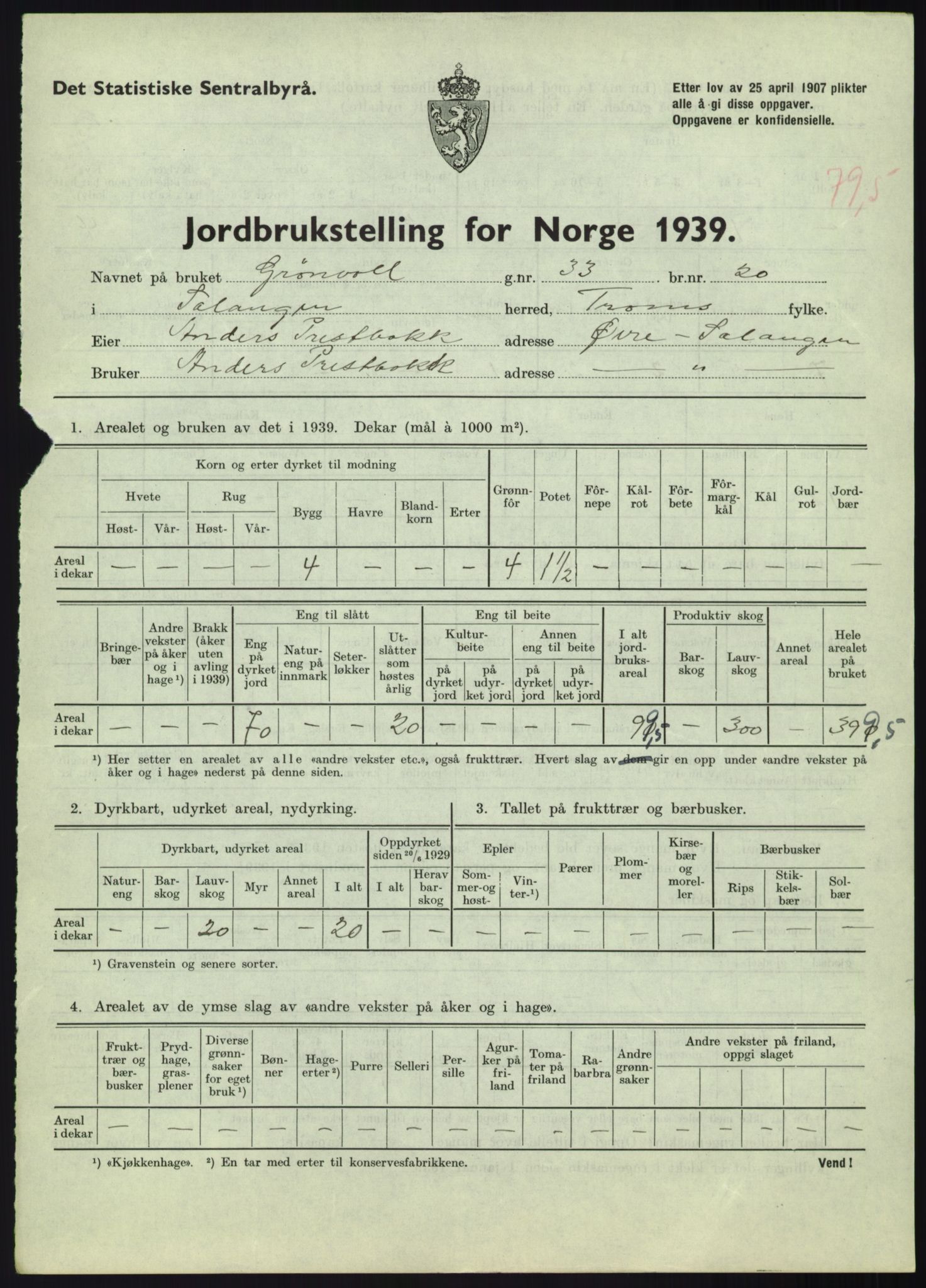 Statistisk sentralbyrå, Næringsøkonomiske emner, Jordbruk, skogbruk, jakt, fiske og fangst, AV/RA-S-2234/G/Gb/L0340: Troms: Salangen og Dyrøy, 1939, s. 774