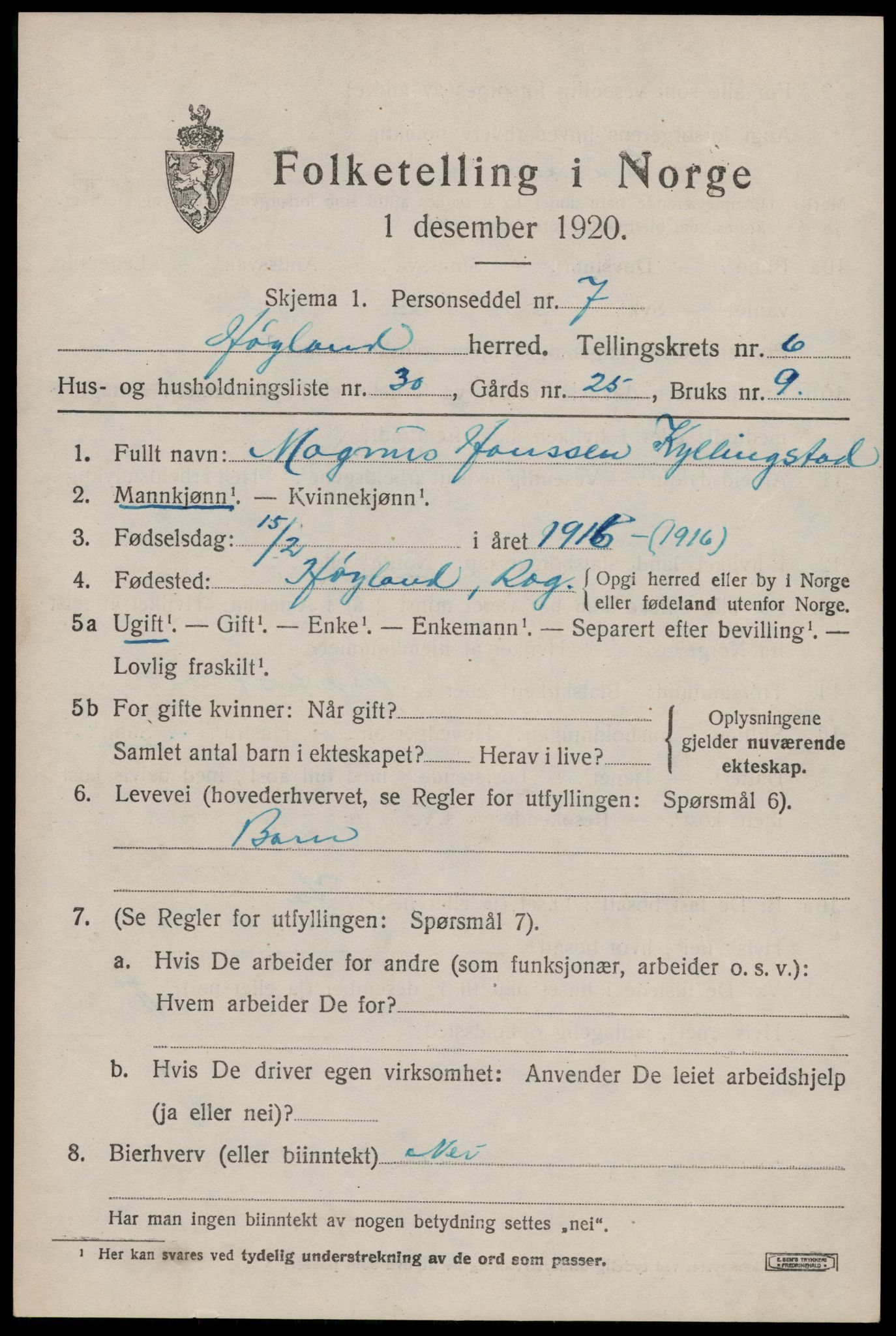 SAST, Folketelling 1920 for 1123 Høyland herred, 1920, s. 4602