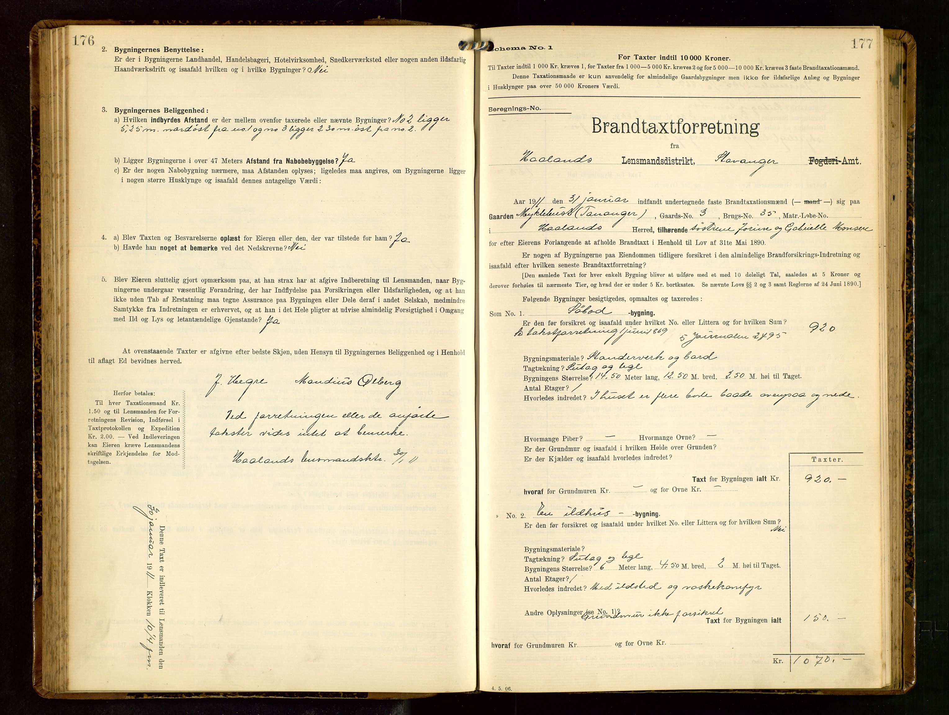 Håland lensmannskontor, AV/SAST-A-100100/Gob/L0003: Branntakstprotokoll - skjematakst. Register i boken., 1909-1910, s. 176-177