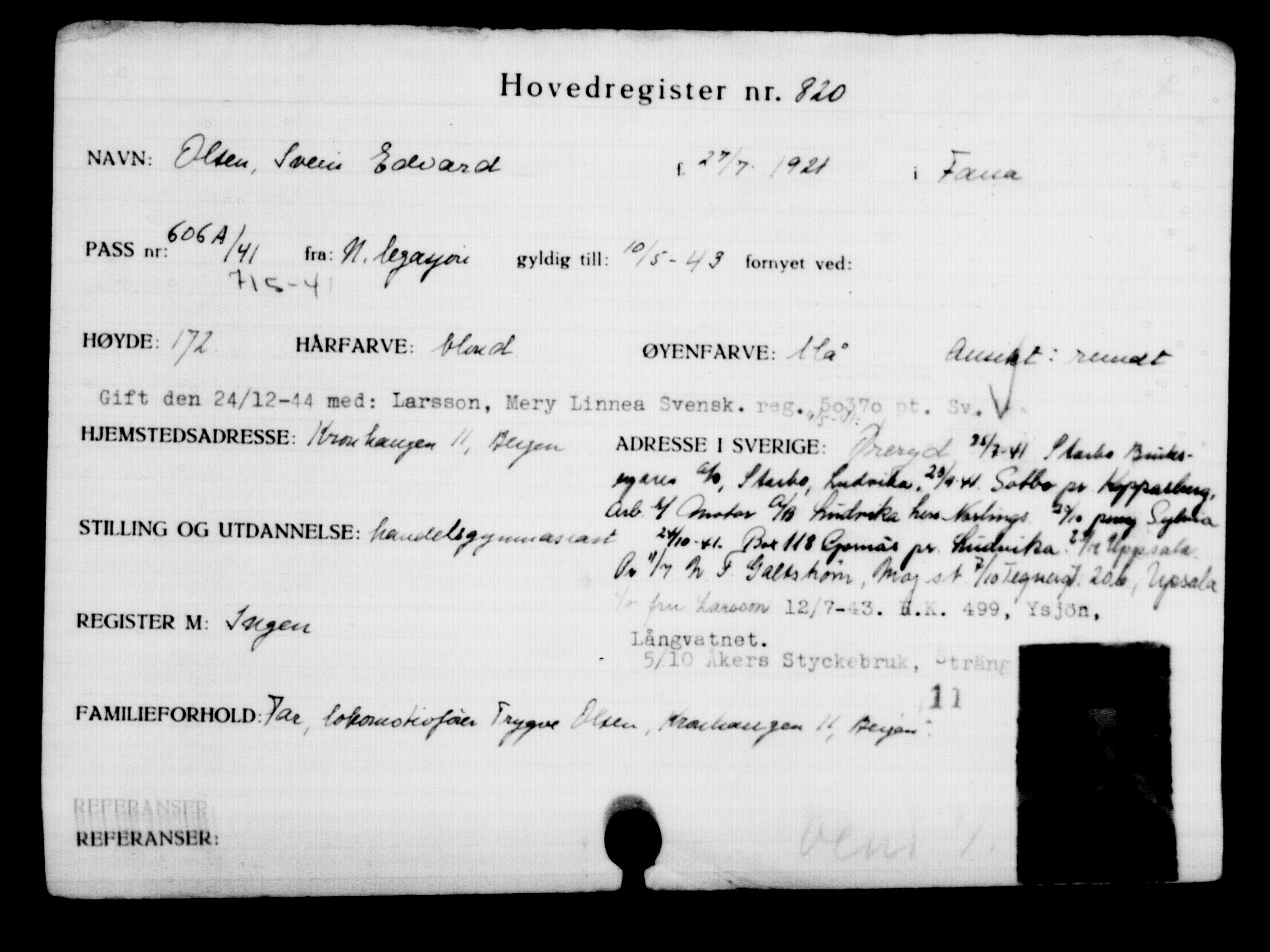 Utenriksstasjonene, Legasjonen i Stockholm, Flyktningkontoret, AV/RA-S-6753/V/Va/L0001: Kjesäterkartoteket, flyktninger med registreringsnr. 1-1000, 1940-1945, s. 1295