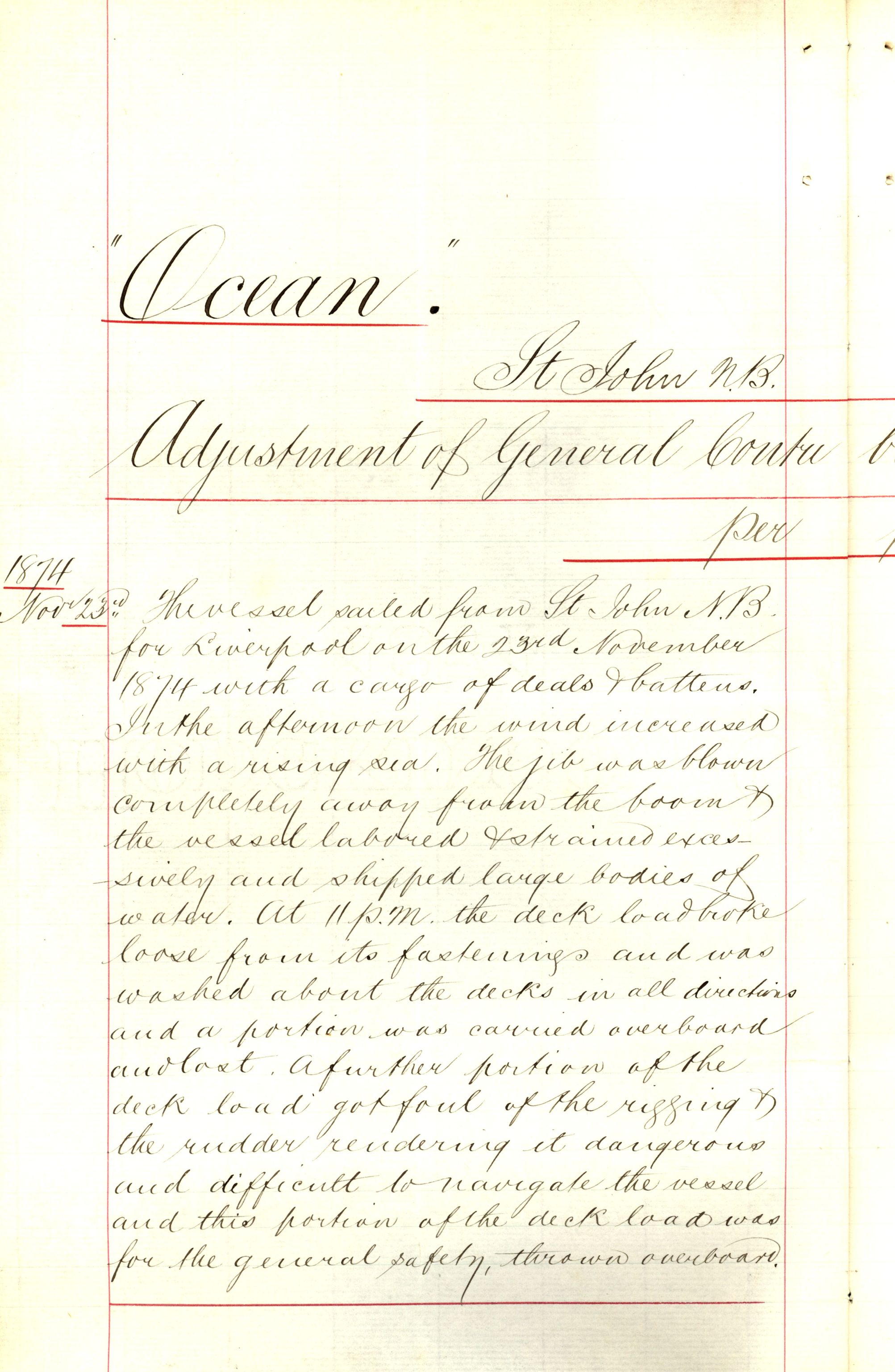 Pa 63 - Østlandske skibsassuranceforening, VEMU/A-1079/G/Ga/L0006/0005: Havaridokumenter / Ocean, 1874