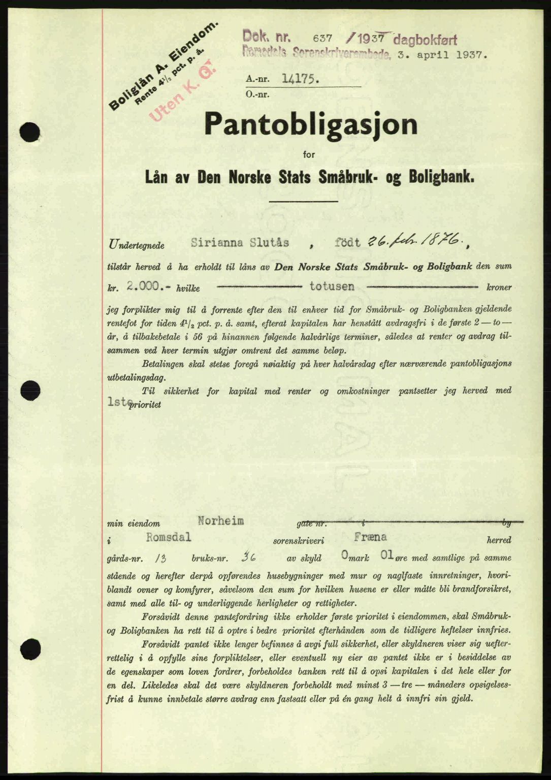 Romsdal sorenskriveri, SAT/A-4149/1/2/2C: Pantebok nr. A3, 1937-1937, Dagboknr: 637/1937
