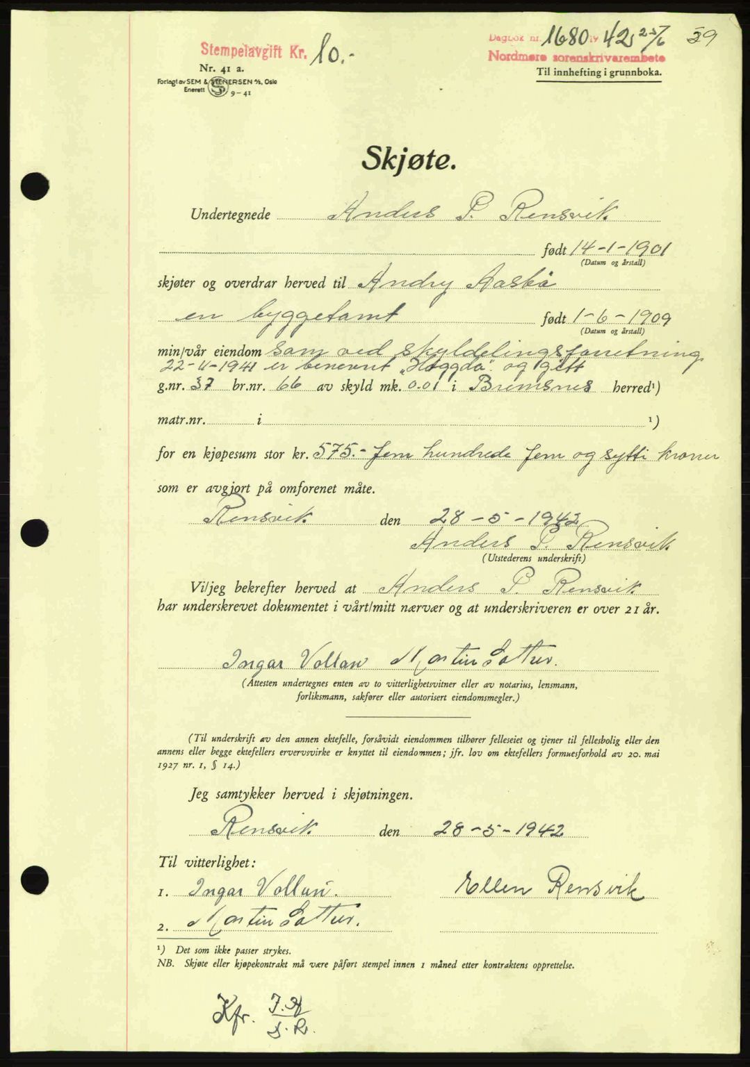 Nordmøre sorenskriveri, SAT/A-4132/1/2/2Ca: Pantebok nr. A93, 1942-1942, Dagboknr: 1680/1942