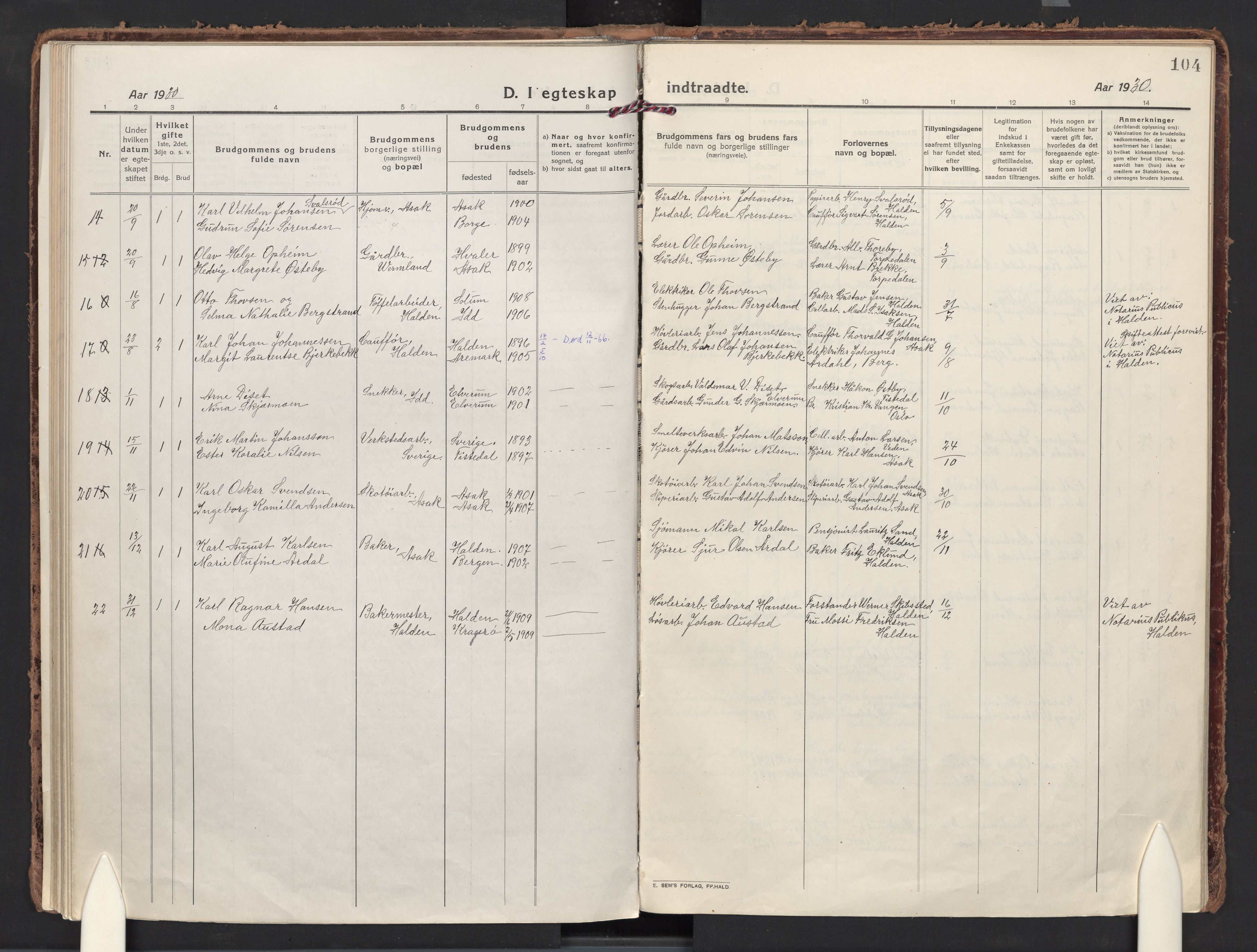 Berg prestekontor Kirkebøker, AV/SAO-A-10902/F/Fb/L0004: Ministerialbok nr. II 4, 1919-1935, s. 104