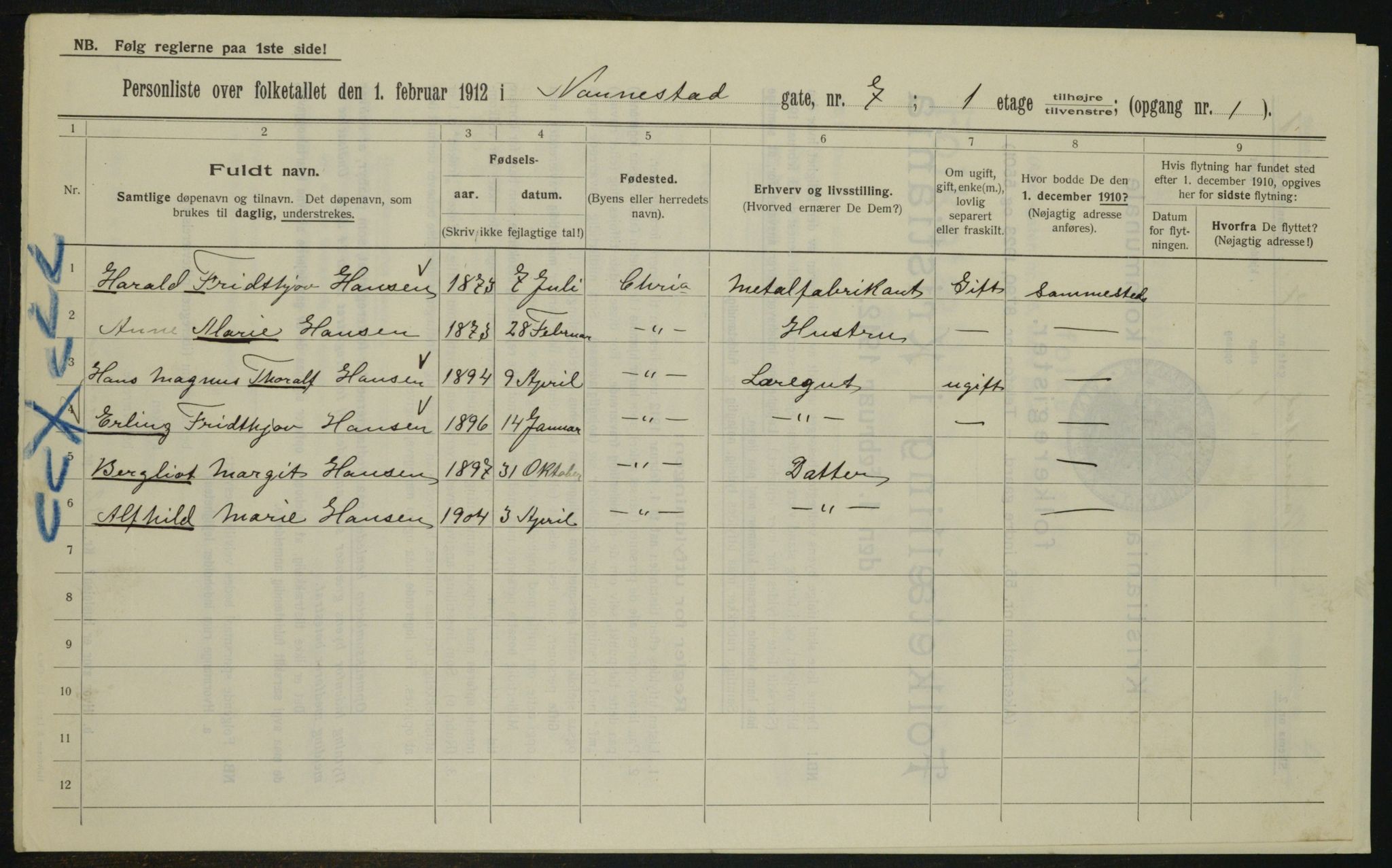 OBA, Kommunal folketelling 1.2.1912 for Kristiania, 1912, s. 69709