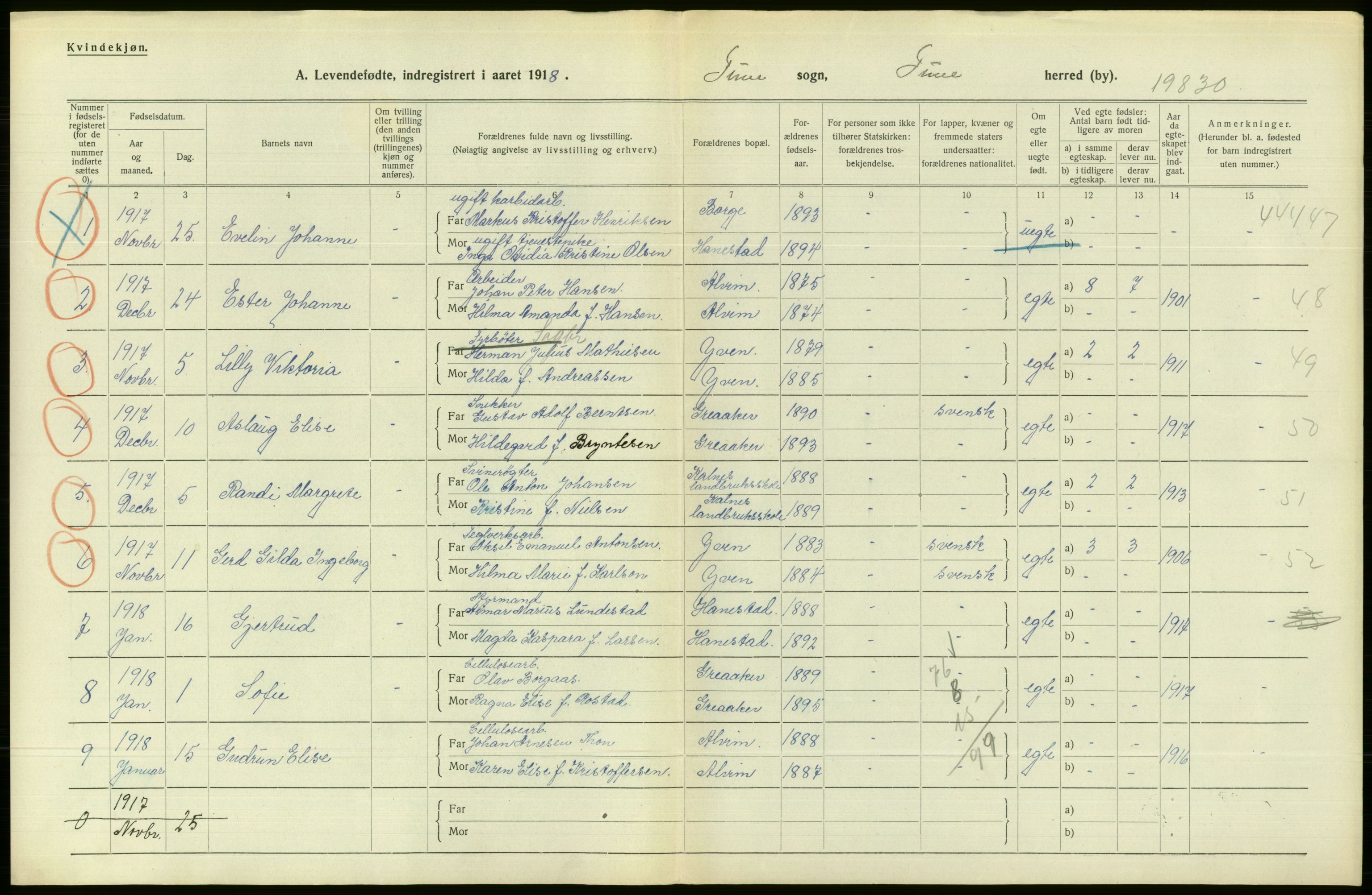 Statistisk sentralbyrå, Sosiodemografiske emner, Befolkning, RA/S-2228/D/Df/Dfb/Dfbh/L0001: Østfold fylke: Levendefødte menn og kvinner. Bygder., 1918, s. 536