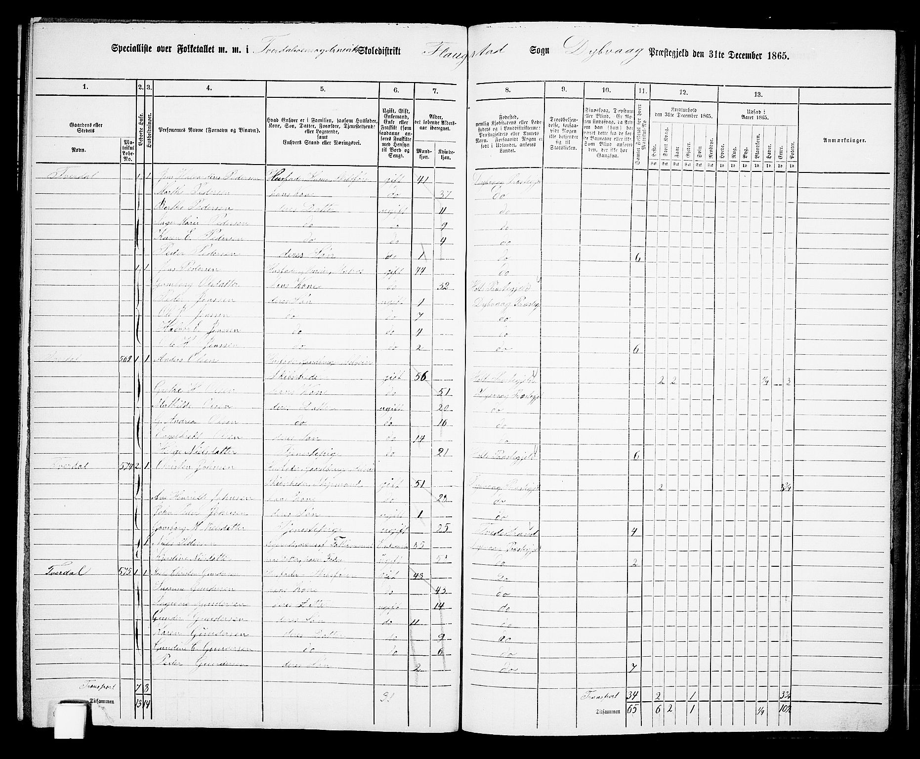 RA, Folketelling 1865 for 0915P Dypvåg prestegjeld, 1865, s. 159