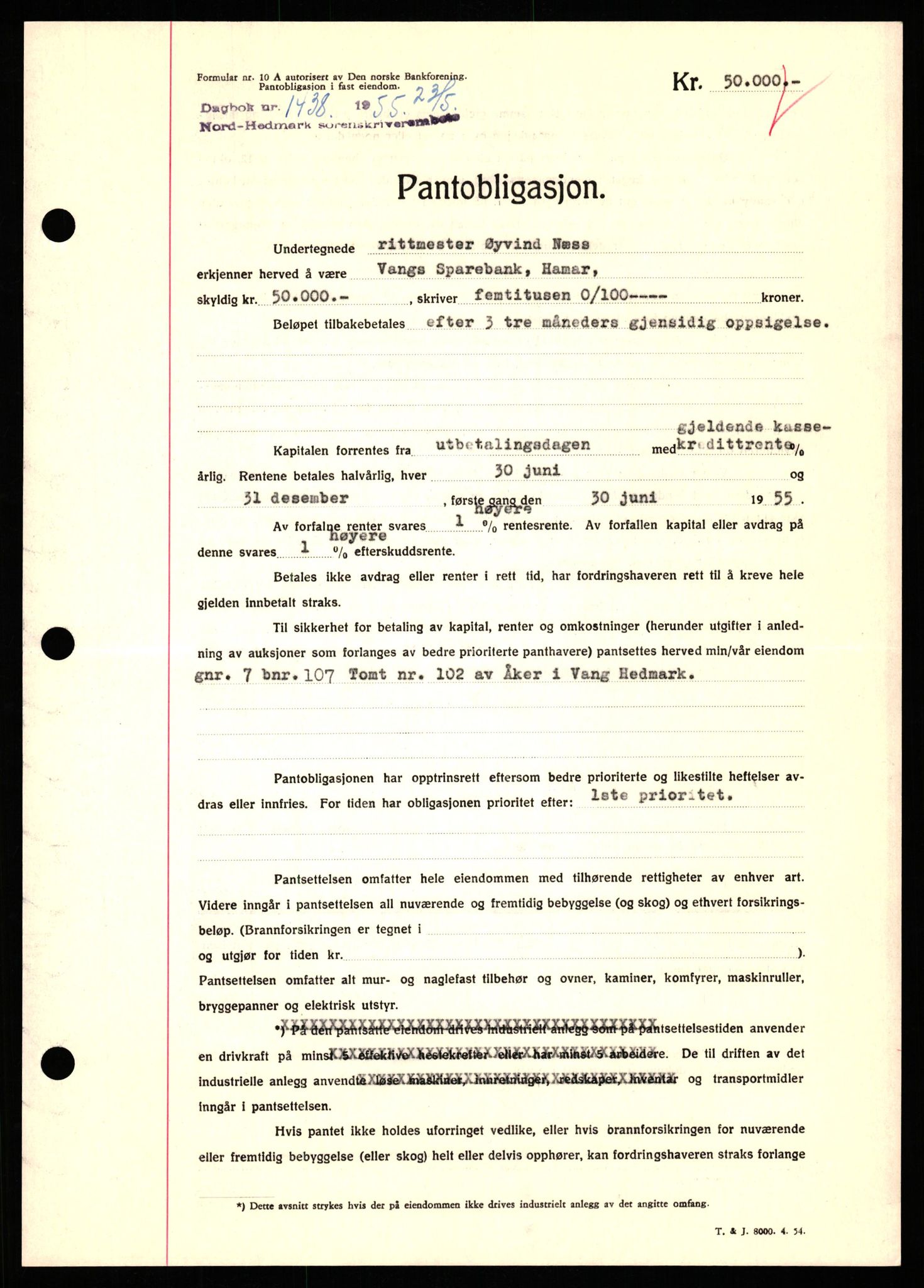 Nord-Hedmark sorenskriveri, SAH/TING-012/H/Hb/Hbf/L0032: Pantebok nr. B32, 1955-1955, Dagboknr: 1438/1952