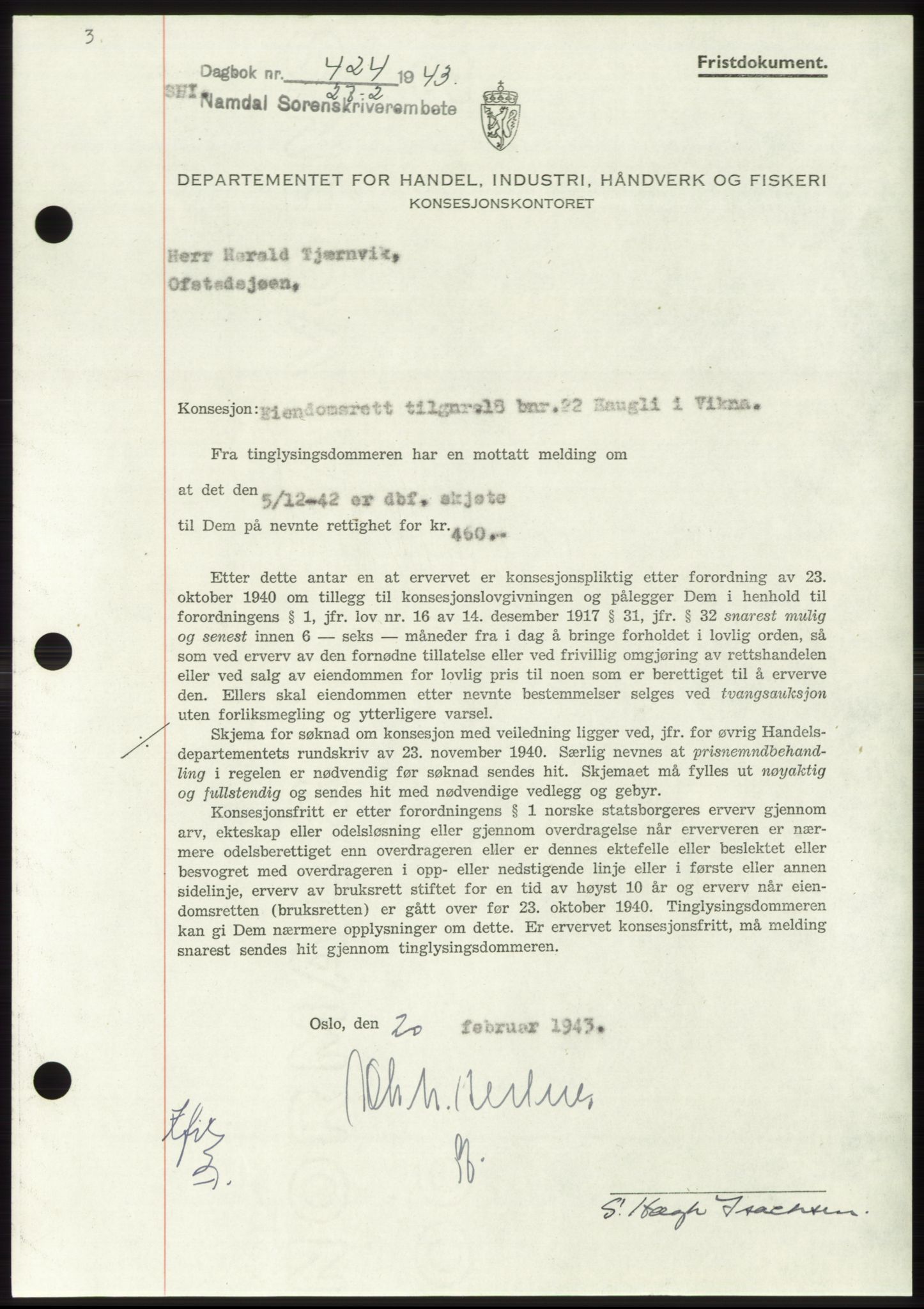 Namdal sorenskriveri, SAT/A-4133/1/2/2C: Pantebok nr. -, 1942-1943, Dagboknr: 424/1943