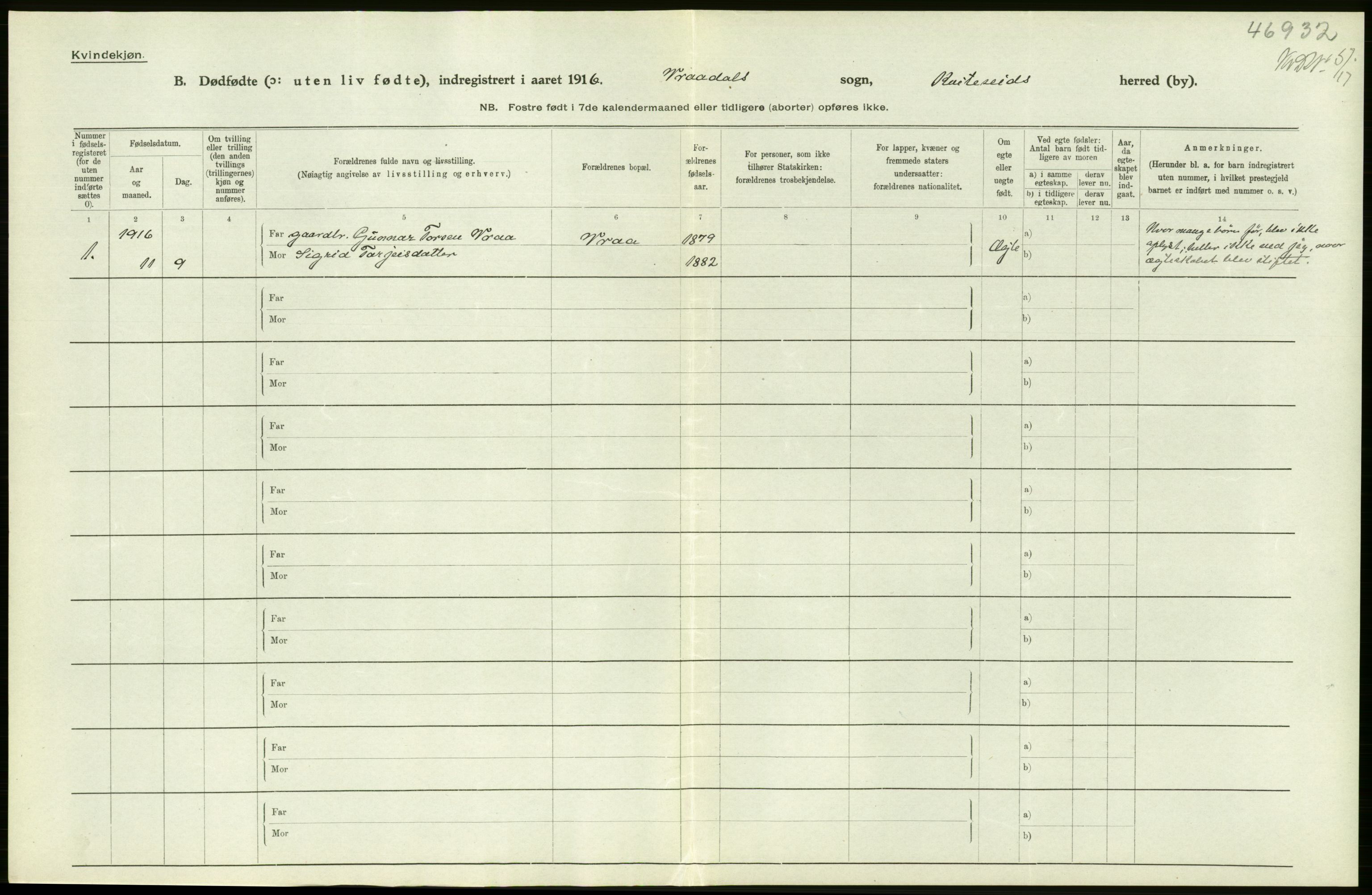 Statistisk sentralbyrå, Sosiodemografiske emner, Befolkning, RA/S-2228/D/Df/Dfb/Dfbf/L0024: Bratsberg amt: Døde, dødfødte. Bygder og byer., 1916, s. 50
