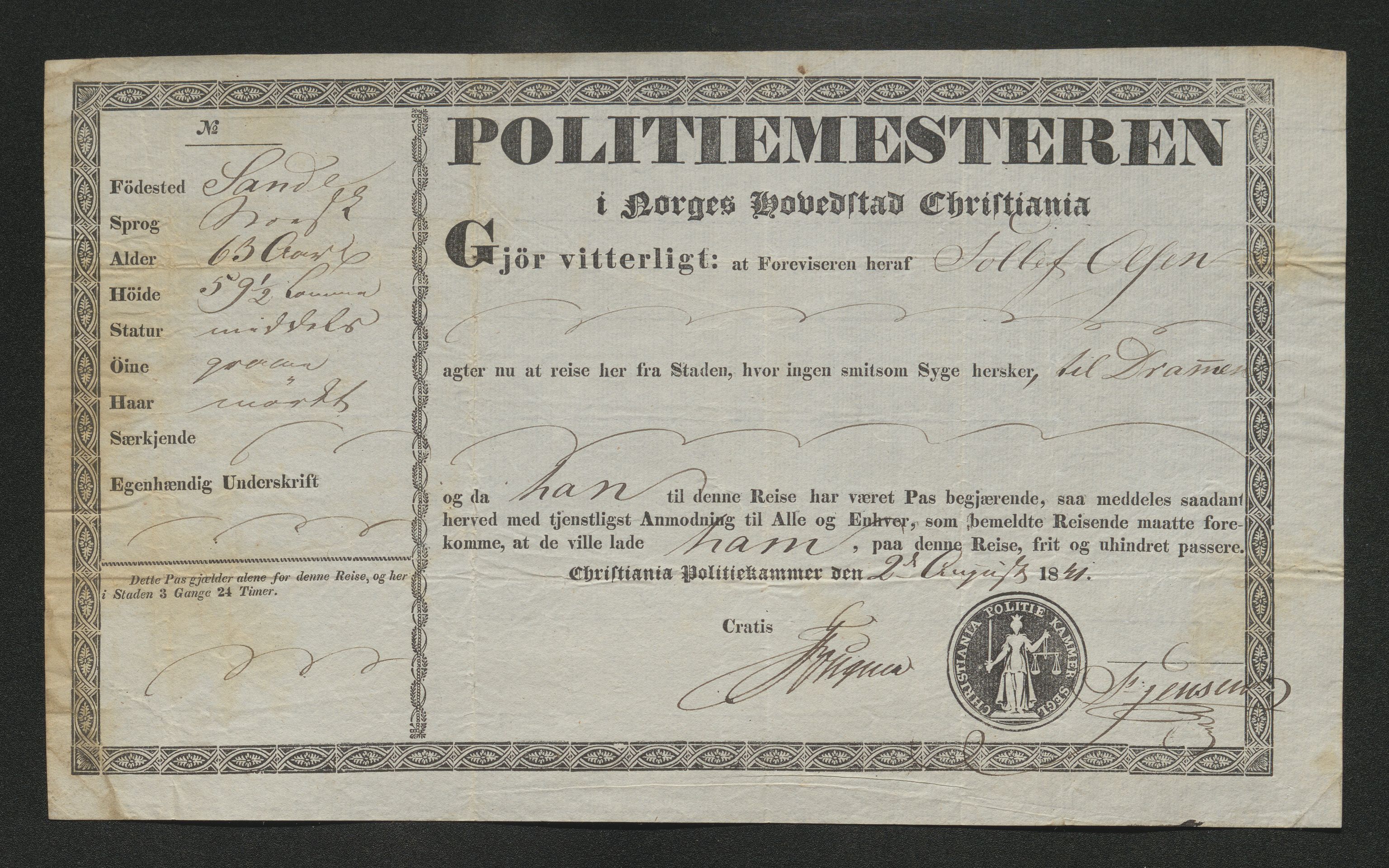 Drammen politikammer, SAKO/A-623/I/Ia/Iab/L0006: Innleverte pass, 1841-1842, s. 233