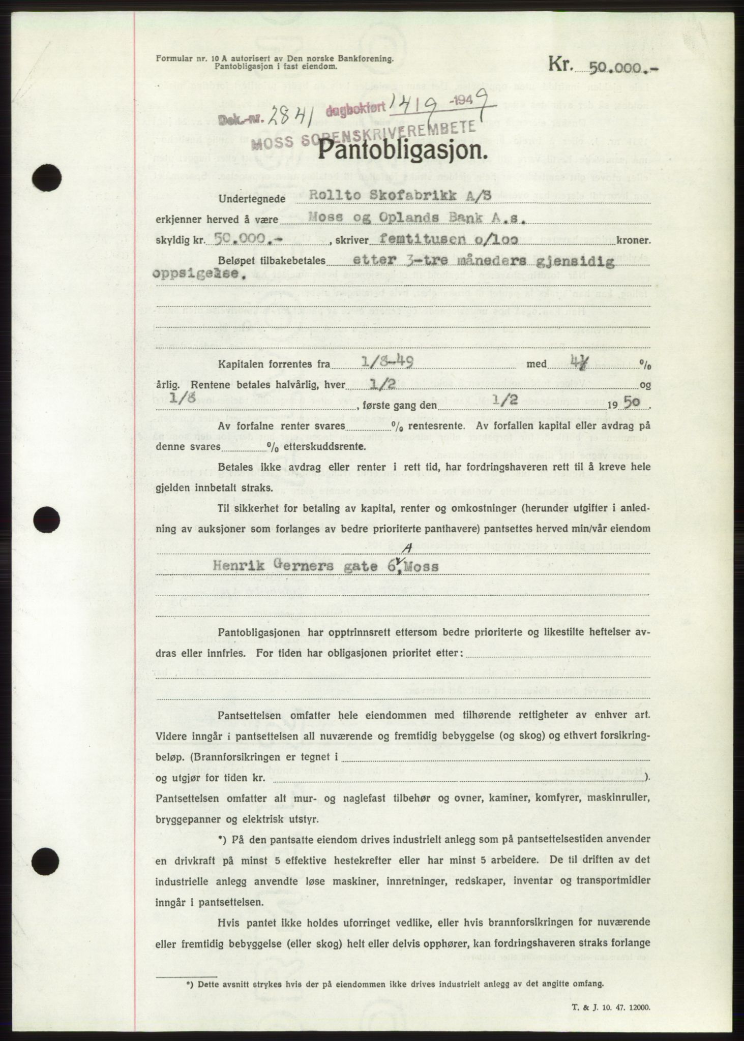 Moss sorenskriveri, SAO/A-10168: Pantebok nr. B22, 1949-1949, Dagboknr: 2841/1949