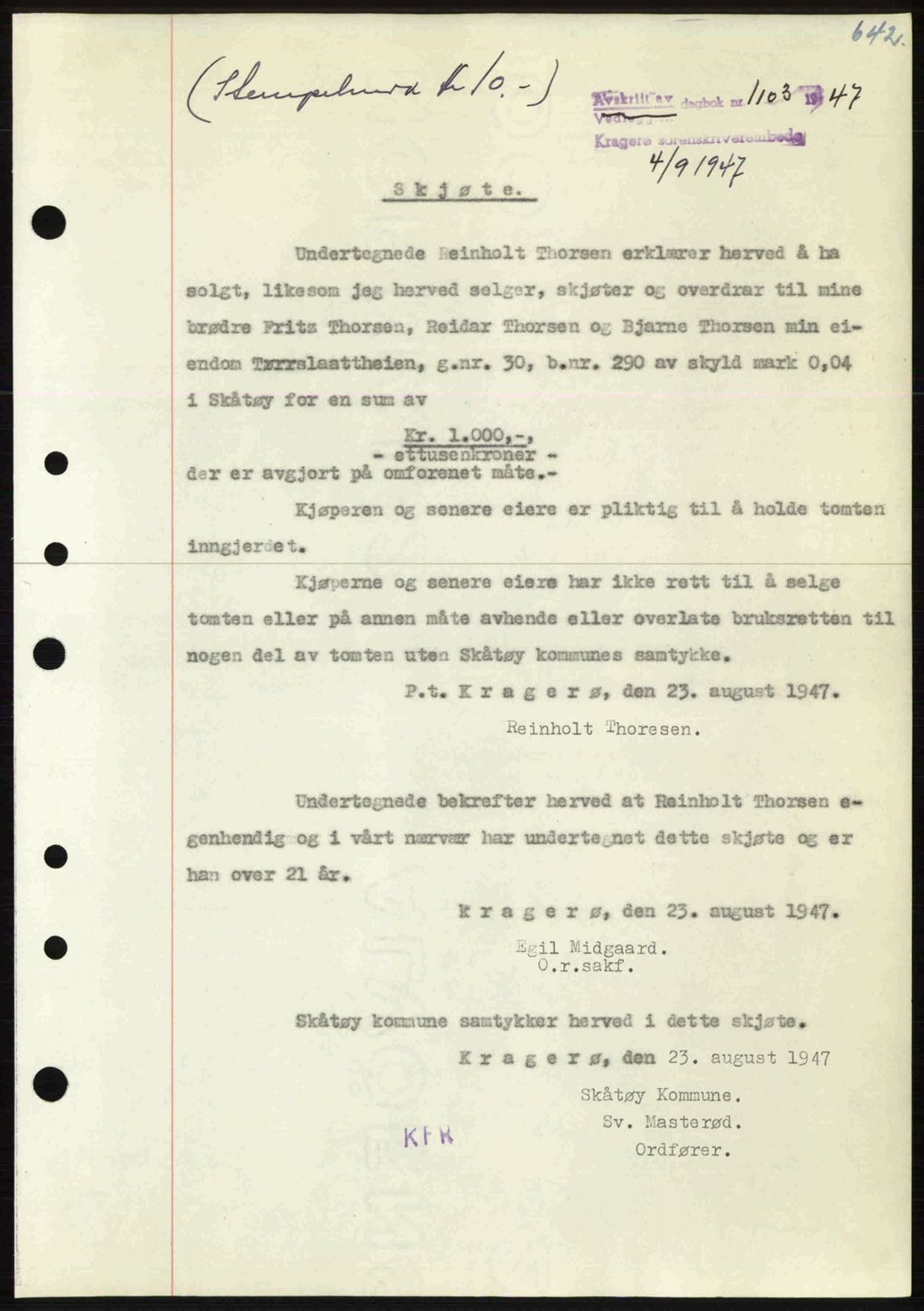 Kragerø sorenskriveri, SAKO/A-65/G/Ga/Gab/L0061: Pantebok nr. A-61, 1947-1947, Dagboknr: 1103/1947