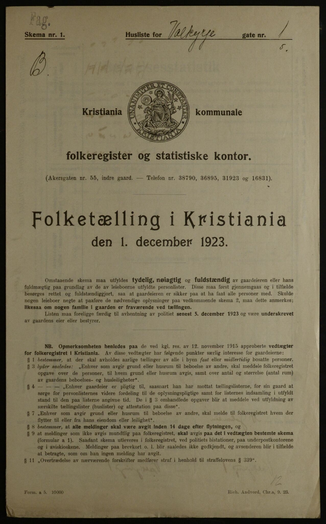 OBA, Kommunal folketelling 1.12.1923 for Kristiania, 1923, s. 134393