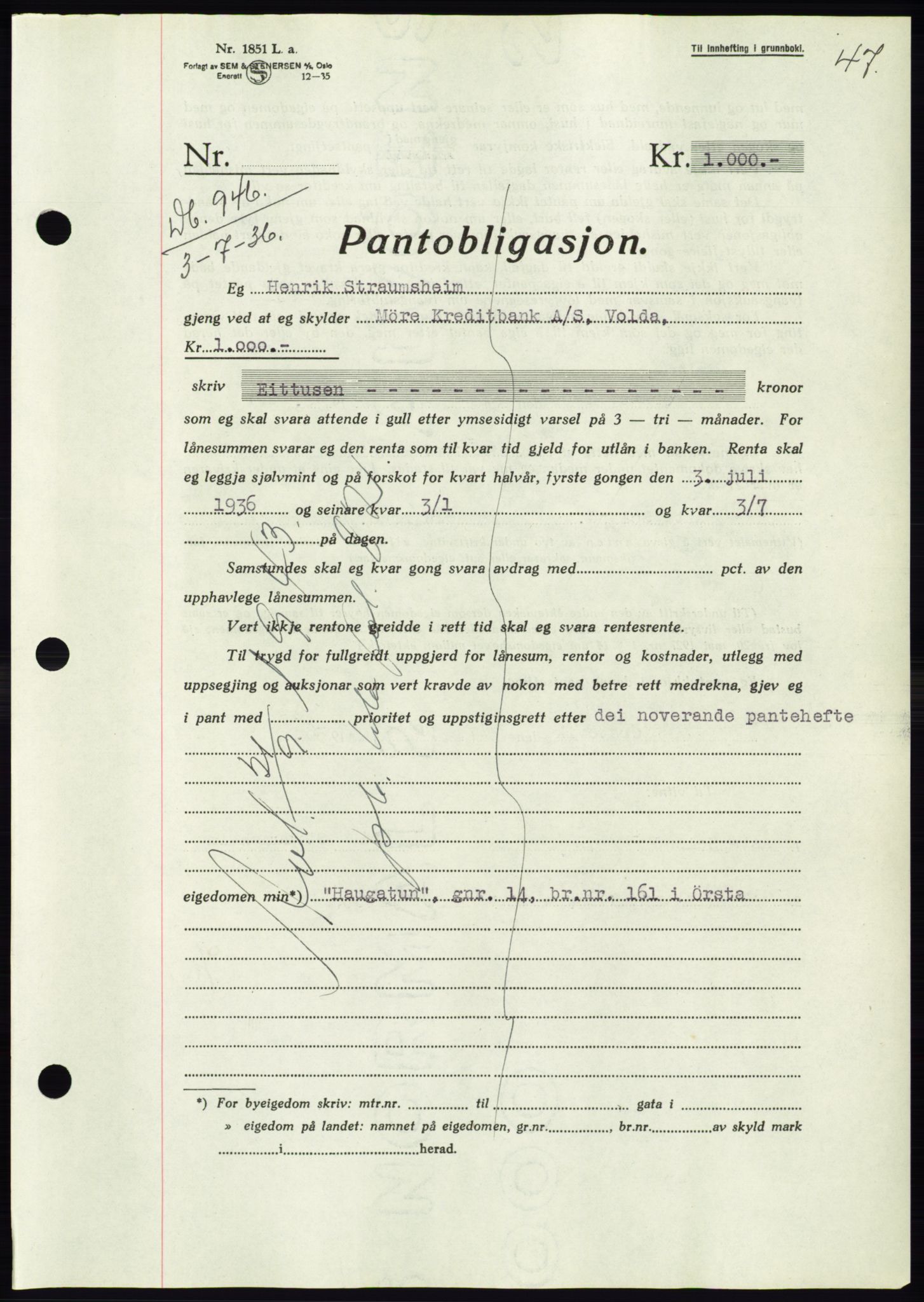 Søre Sunnmøre sorenskriveri, SAT/A-4122/1/2/2C/L0061: Pantebok nr. 55, 1936-1936, Dagboknr: 946/1936