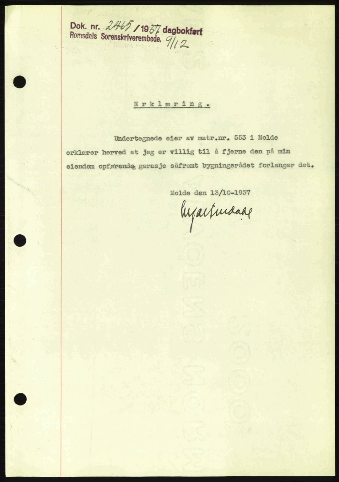 Romsdal sorenskriveri, SAT/A-4149/1/2/2C: Pantebok nr. A4, 1937-1938, Dagboknr: 2465/1937
