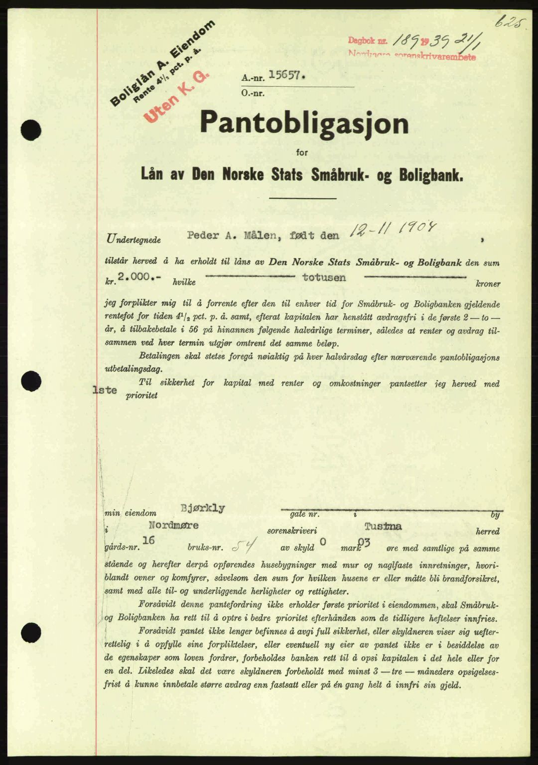 Nordmøre sorenskriveri, AV/SAT-A-4132/1/2/2Ca: Pantebok nr. B84, 1938-1939, Dagboknr: 189/1939