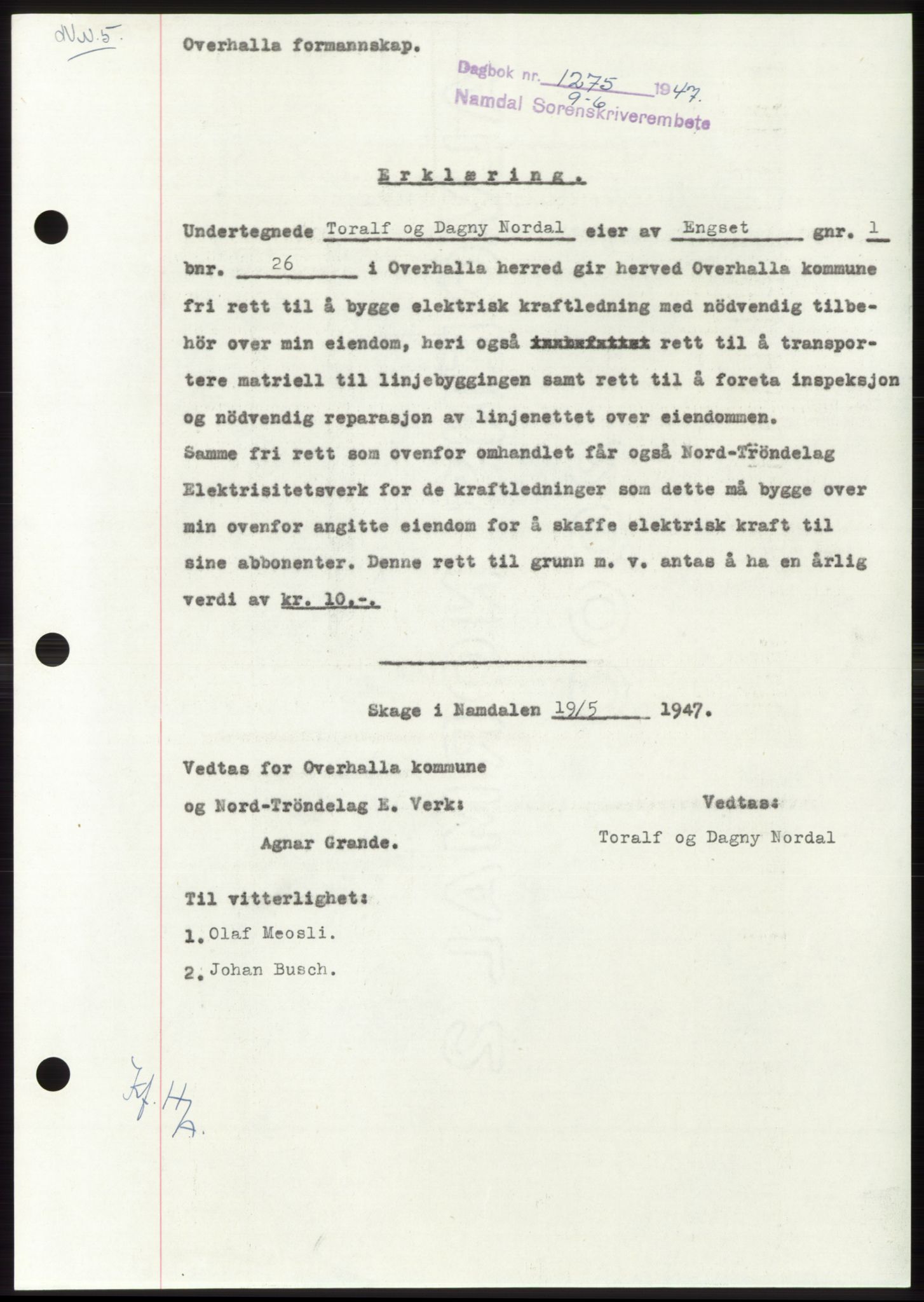 Namdal sorenskriveri, SAT/A-4133/1/2/2C: Pantebok nr. -, 1947-1947, Dagboknr: 1275/1947