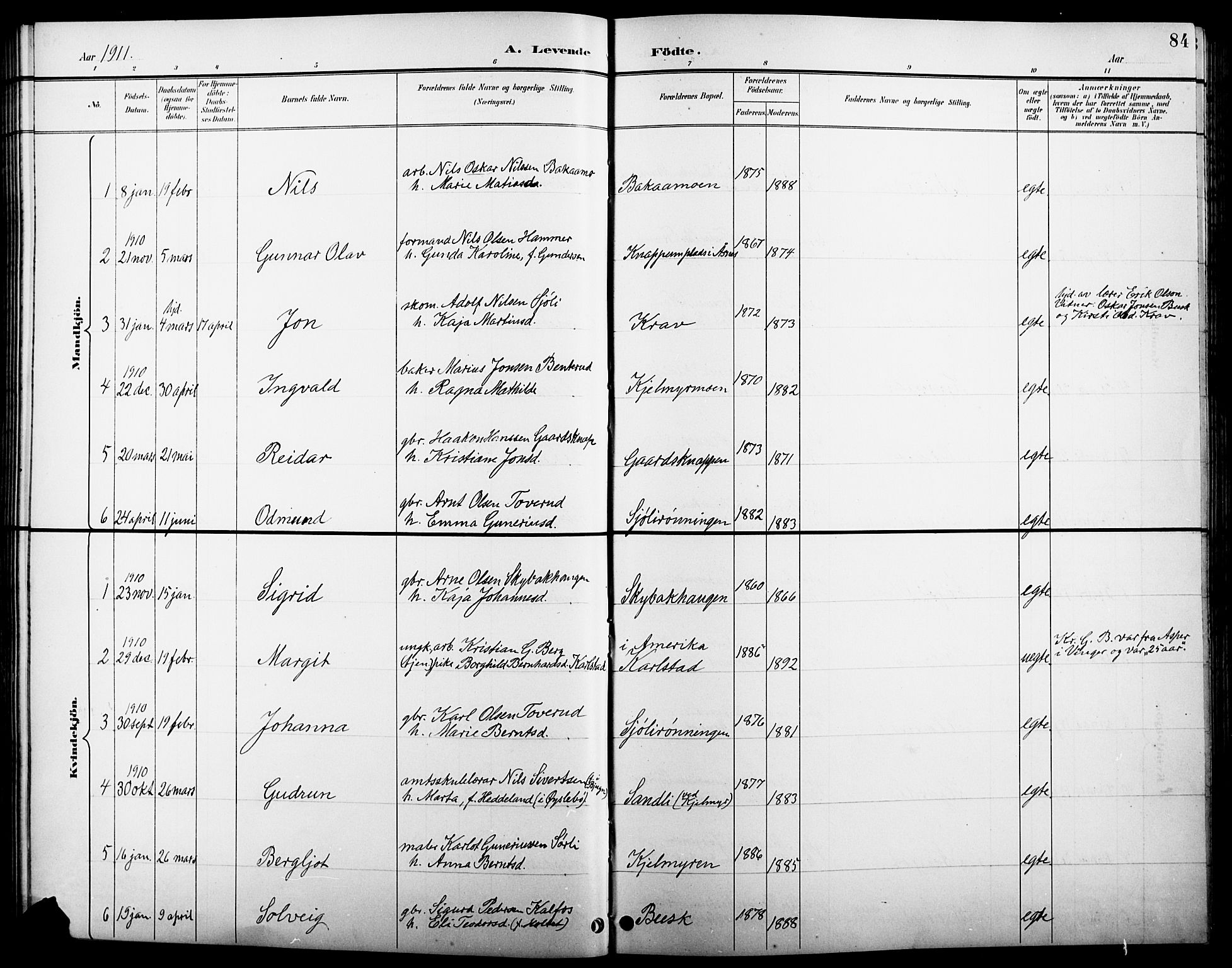 Åsnes prestekontor, AV/SAH-PREST-042/H/Ha/Hab/L0005: Klokkerbok nr. 5, 1895-1920, s. 84