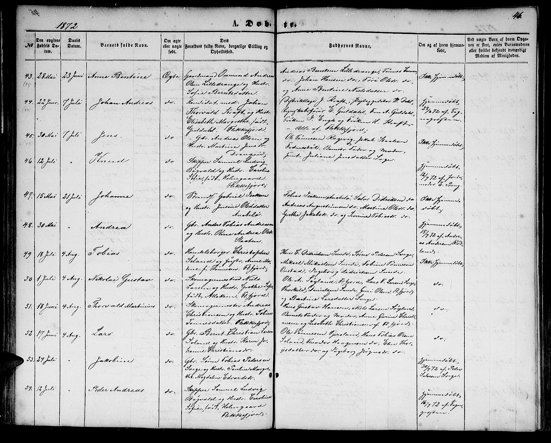 Flekkefjord sokneprestkontor, AV/SAK-1111-0012/F/Fb/Fbc/L0006: Klokkerbok nr. B 6, 1866-1879, s. 46