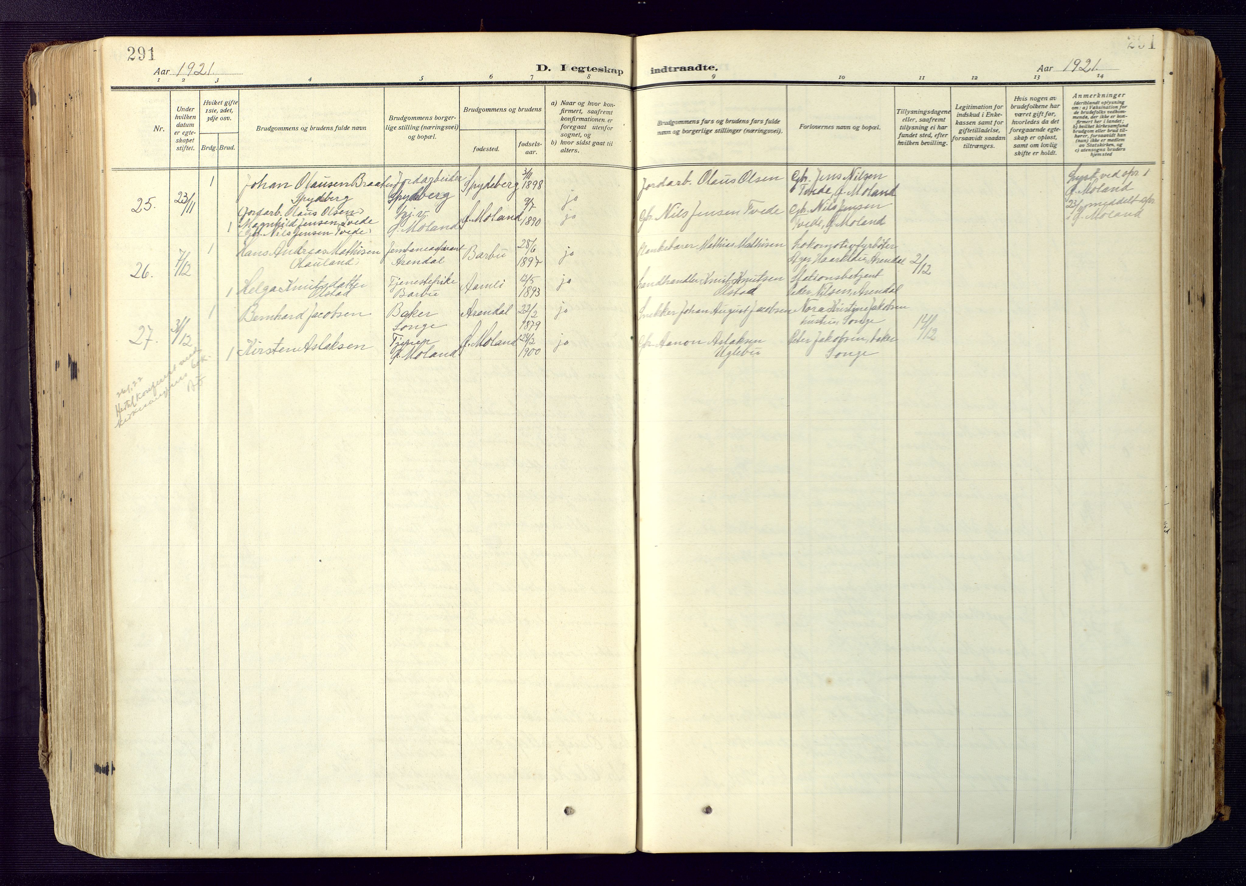 Barbu sokneprestkontor, AV/SAK-1111-0003/F/Fa/L0006: Ministerialbok nr. A 6, 1910-1929, s. 291