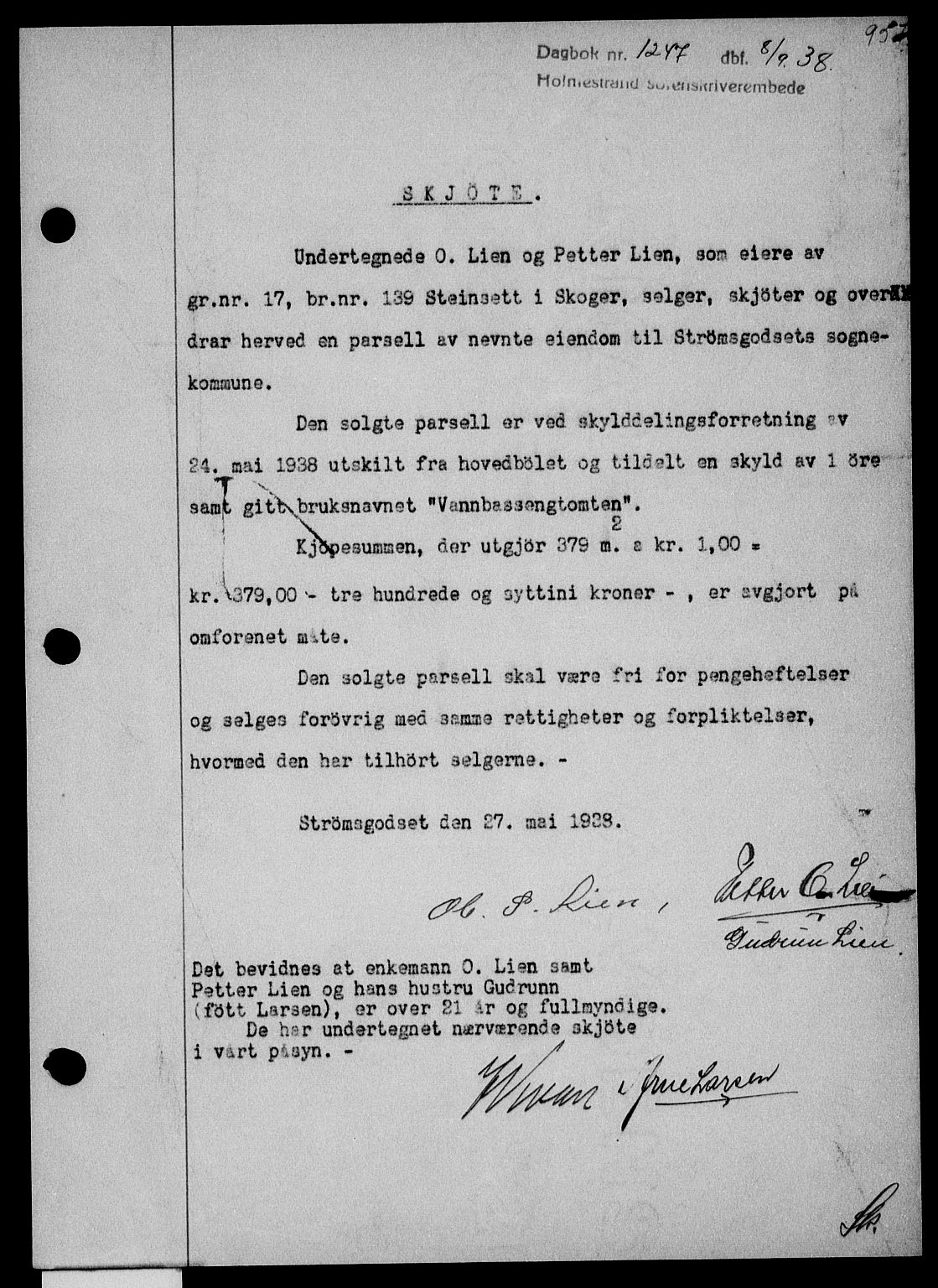 Holmestrand sorenskriveri, SAKO/A-67/G/Ga/Gaa/L0049: Pantebok nr. A-49, 1937-1938, Dagboknr: 1247/1938