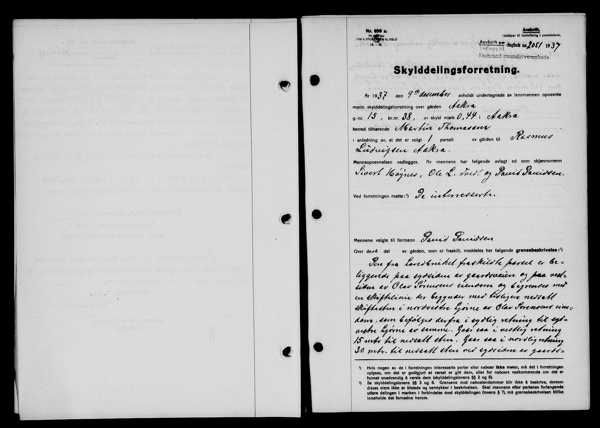 Karmsund sorenskriveri, SAST/A-100311/01/II/IIB/L0068: Pantebok nr. 49A, 1937-1937, Dagboknr: 2051/1937