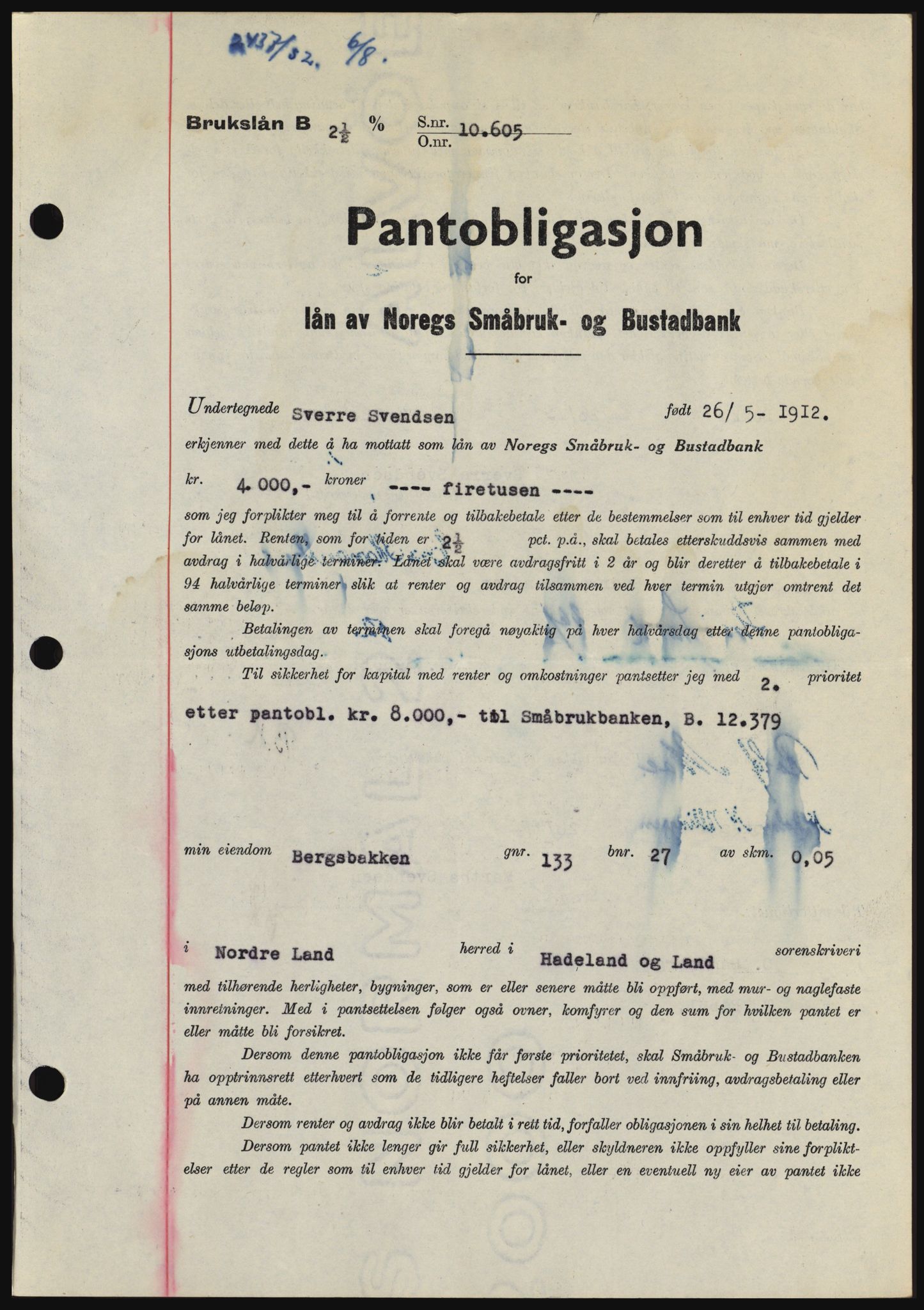 Hadeland og Land tingrett, SAH/TING-010/H/Hb/Hbc/L0024: Pantebok nr. B24, 1952-1952, Dagboknr: 2437/1952