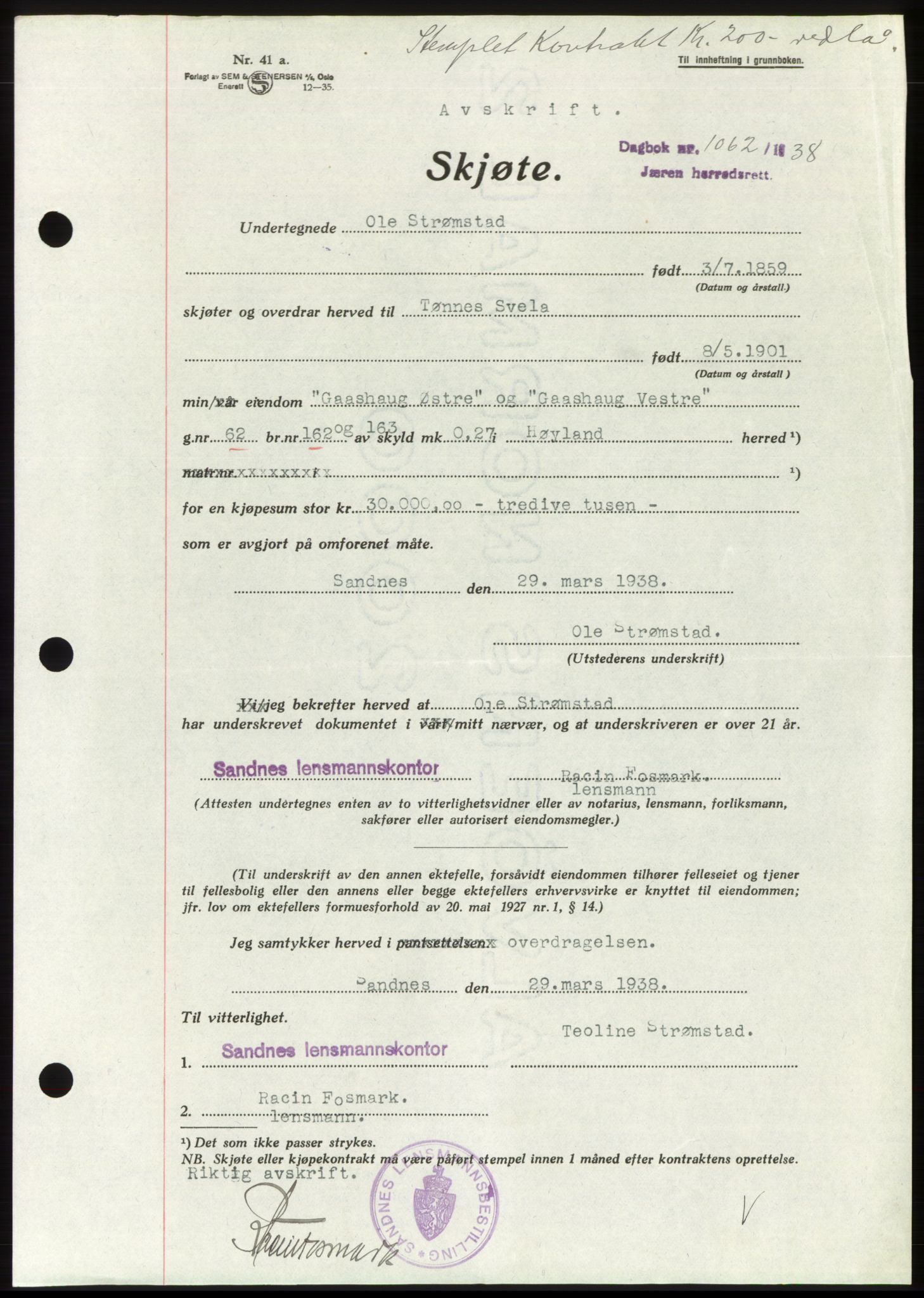 Jæren sorenskriveri, AV/SAST-A-100310/03/G/Gba/L0070: Pantebok, 1938-1938, Dagboknr: 1062/1938