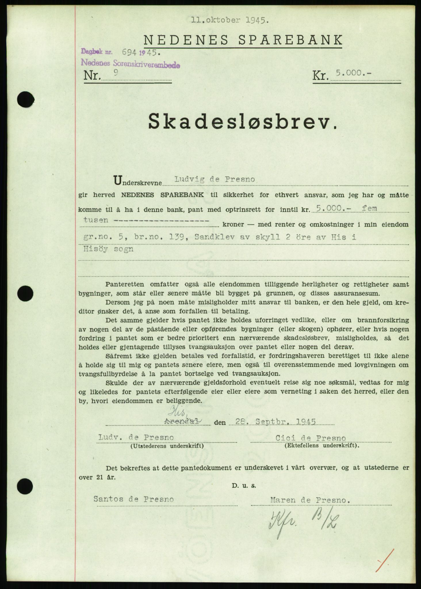 Nedenes sorenskriveri, SAK/1221-0006/G/Gb/Gbb/L0002: Pantebok nr. II, 1942-1945, Dagboknr: 694/1945