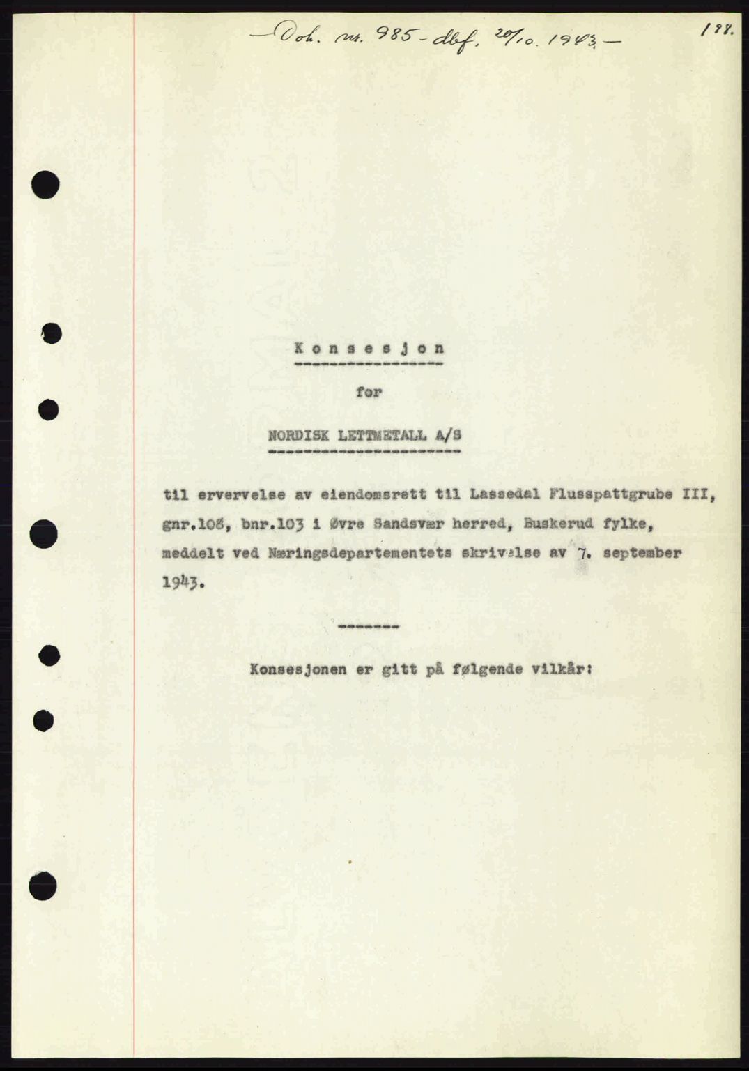 Numedal og Sandsvær sorenskriveri, SAKO/A-128/G/Ga/Gaa/L0055: Pantebok nr. A7, 1943-1944, Dagboknr: 985/1943