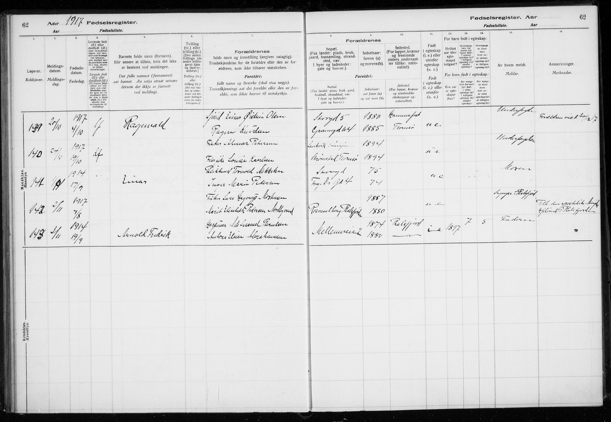 Tromsø sokneprestkontor/stiftsprosti/domprosti, AV/SATØ-S-1343/H/Ha/L0131: Fødselsregister nr. 131, 1916-1921, s. 62