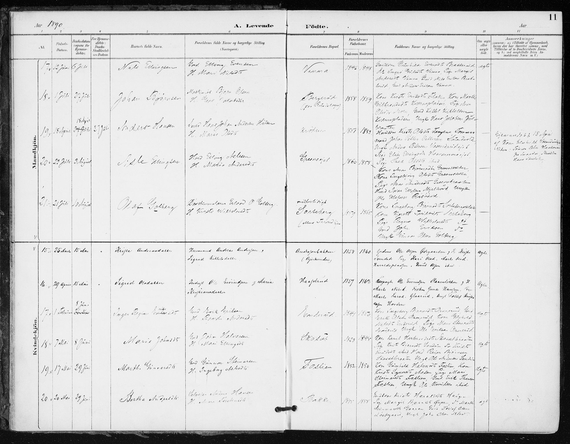 Krødsherad kirkebøker, AV/SAKO-A-19/F/Fa/L0006: Ministerialbok nr. 6, 1889-1899, s. 11