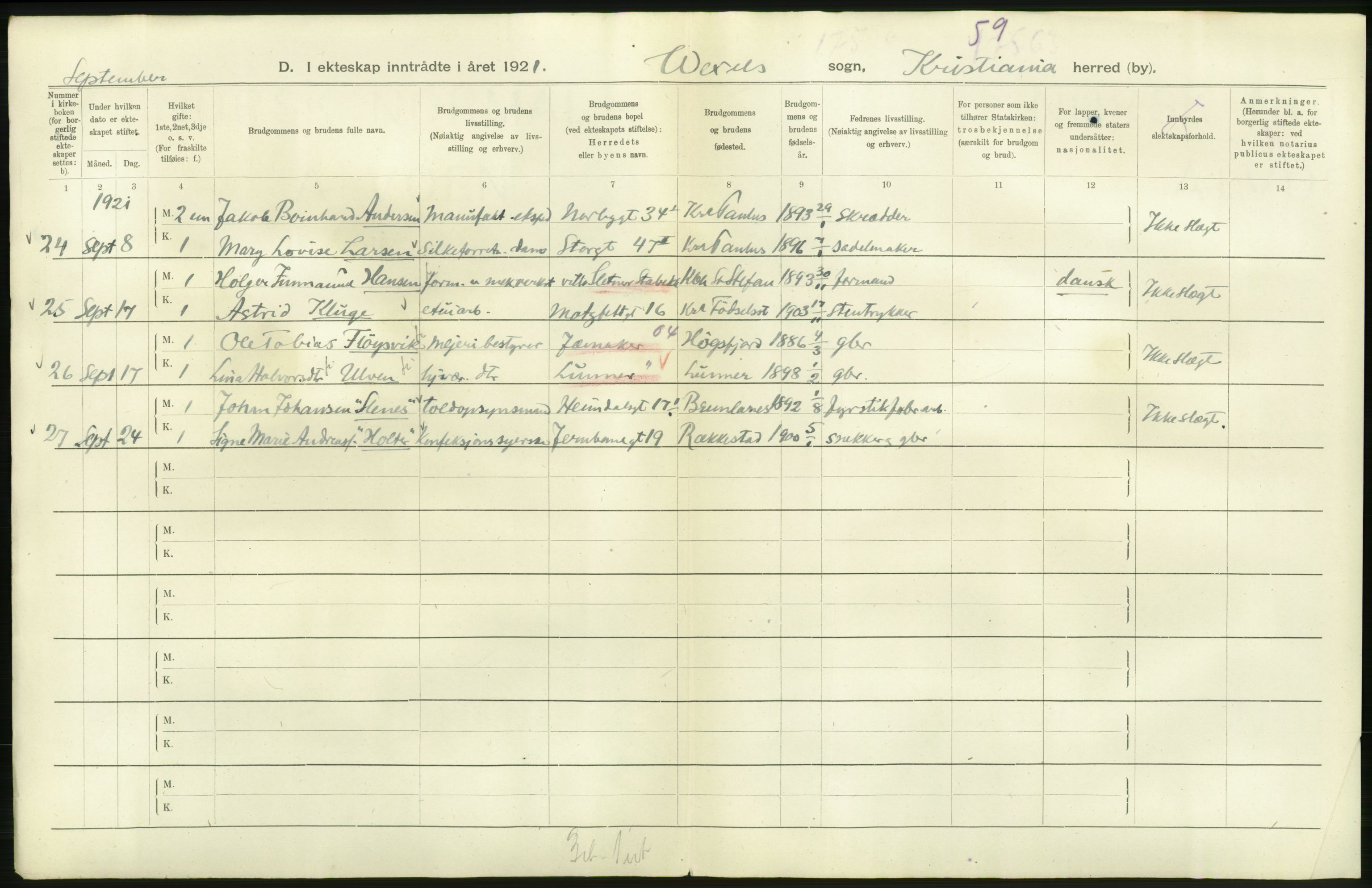 Statistisk sentralbyrå, Sosiodemografiske emner, Befolkning, RA/S-2228/D/Df/Dfc/Dfca/L0011: Kristiania: Gifte, 1921, s. 626