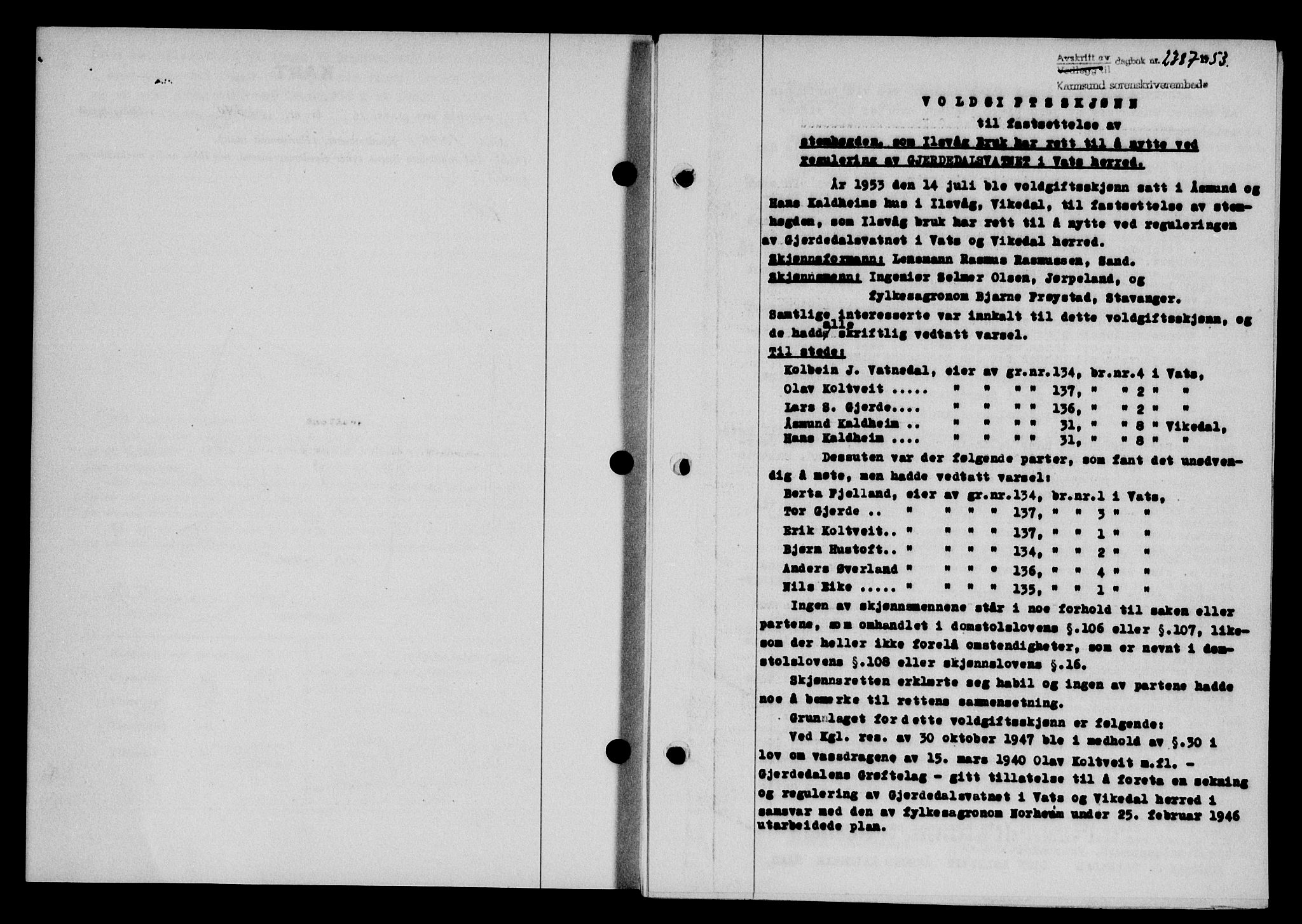 Karmsund sorenskriveri, SAST/A-100311/01/II/IIB/L0109: Pantebok nr. 89A, 1953-1953, Dagboknr: 2387/1953