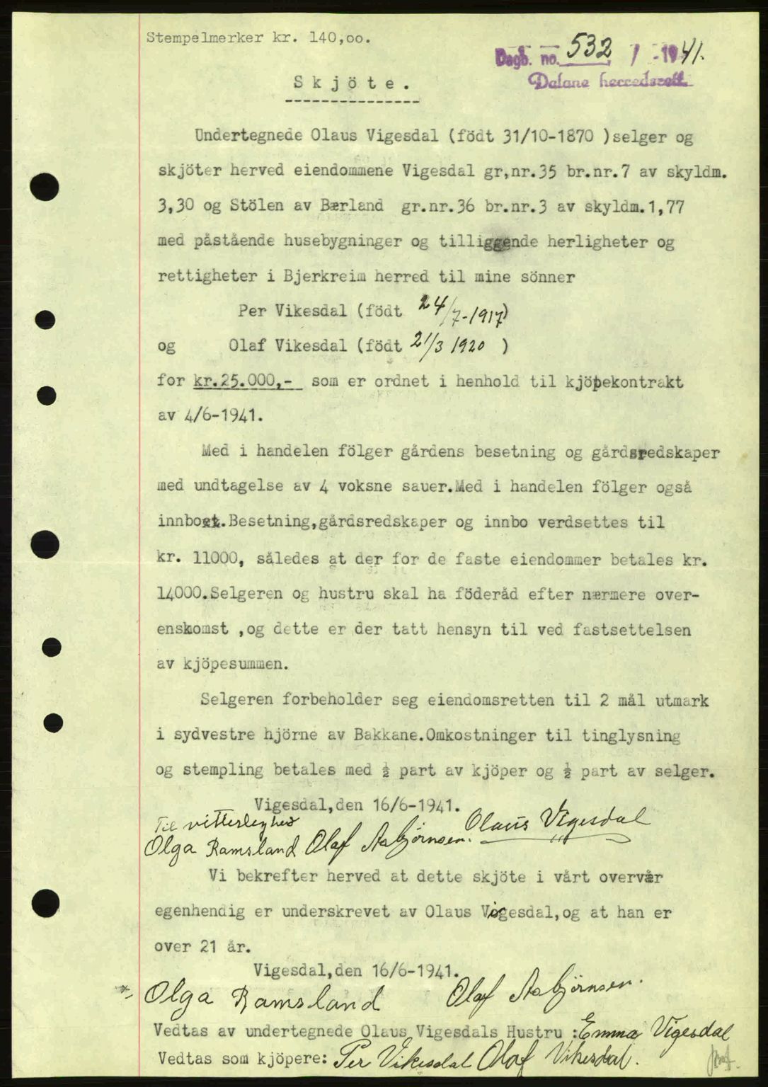 Dalane sorenskriveri, SAST/A-100309/02/G/Gb/L0045: Pantebok nr. A6, 1941-1942, Dagboknr: 532/1941