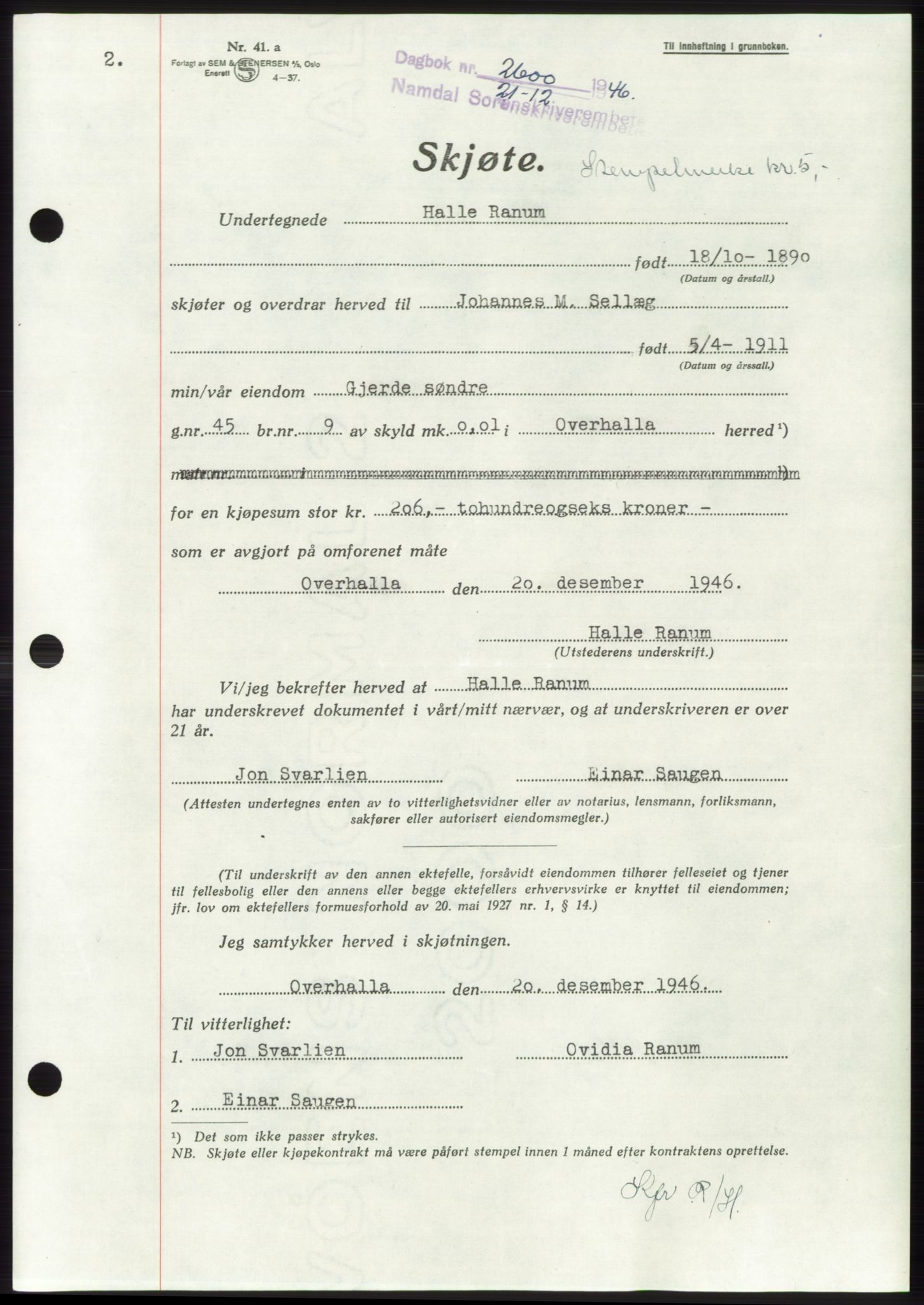 Namdal sorenskriveri, SAT/A-4133/1/2/2C: Pantebok nr. -, 1946-1947, Dagboknr: 2600/1946
