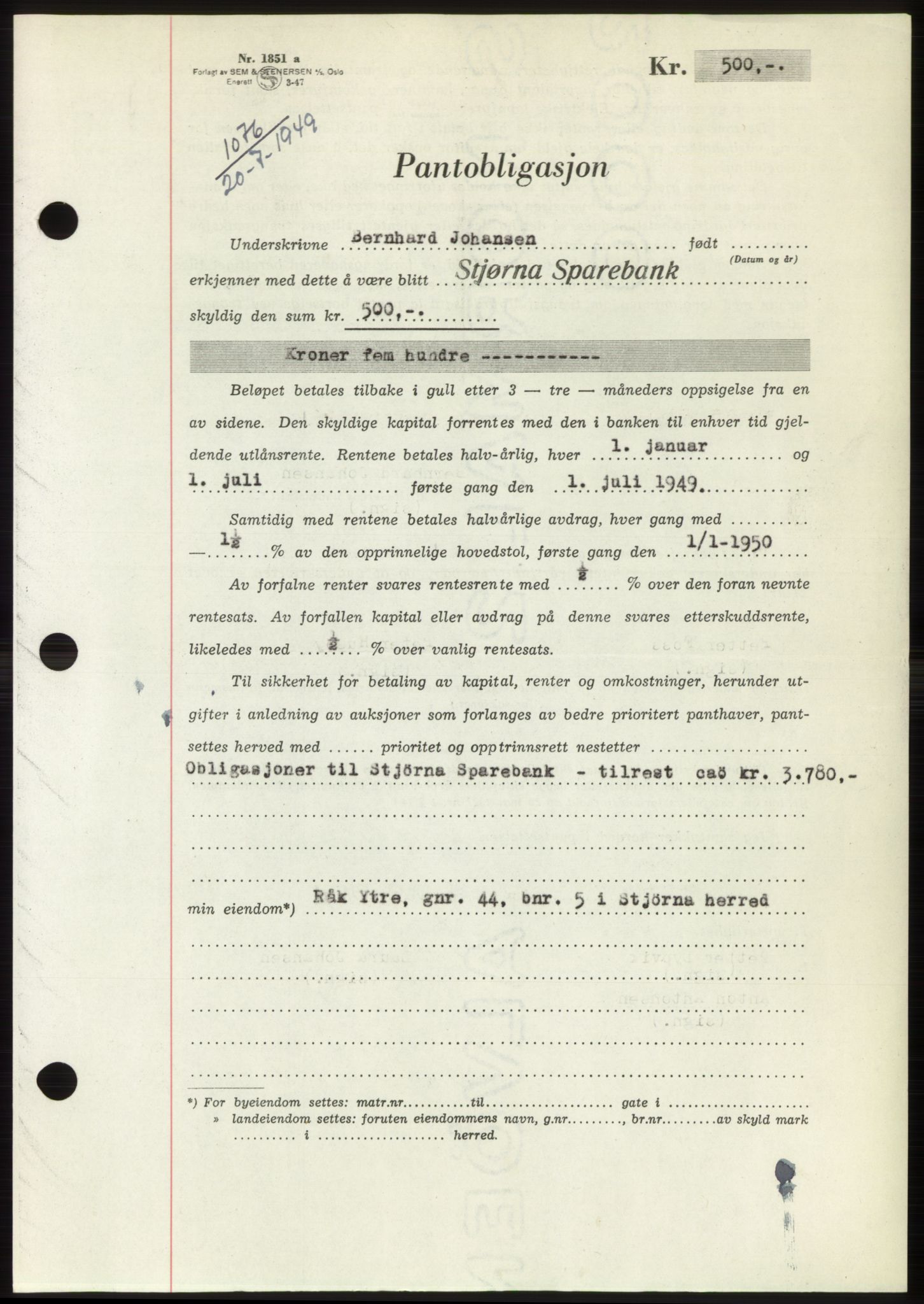 Fosen sorenskriveri, AV/SAT-A-1107/1/2/2C: Pantebok nr. B, 1948-1950, Dagboknr: 1076/1949