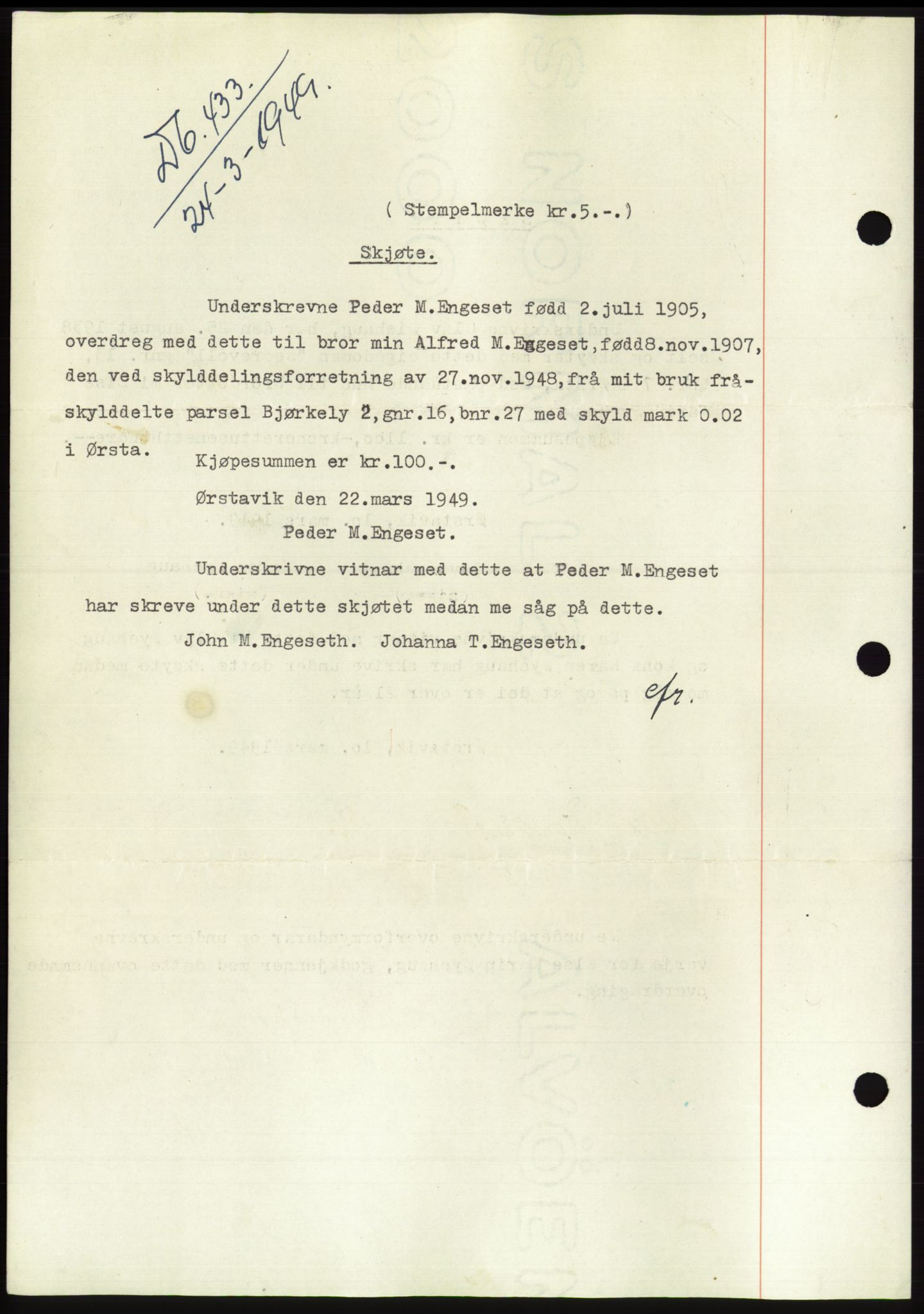 Søre Sunnmøre sorenskriveri, SAT/A-4122/1/2/2C/L0084: Pantebok nr. 10A, 1949-1949, Dagboknr: 433/1949