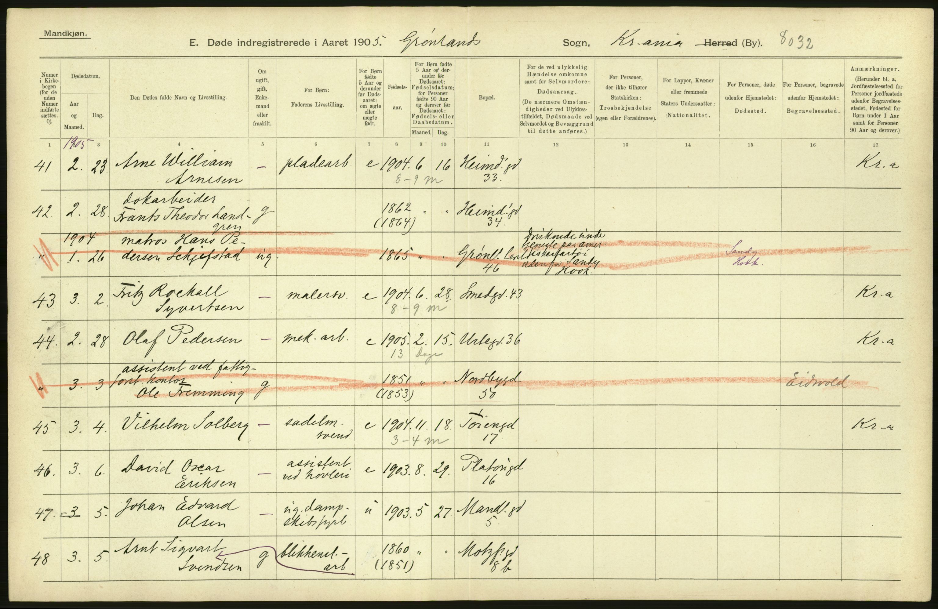 Statistisk sentralbyrå, Sosiodemografiske emner, Befolkning, AV/RA-S-2228/D/Df/Dfa/Dfac/L0007a: Kristiania: Døde, dødfødte., 1905, s. 728
