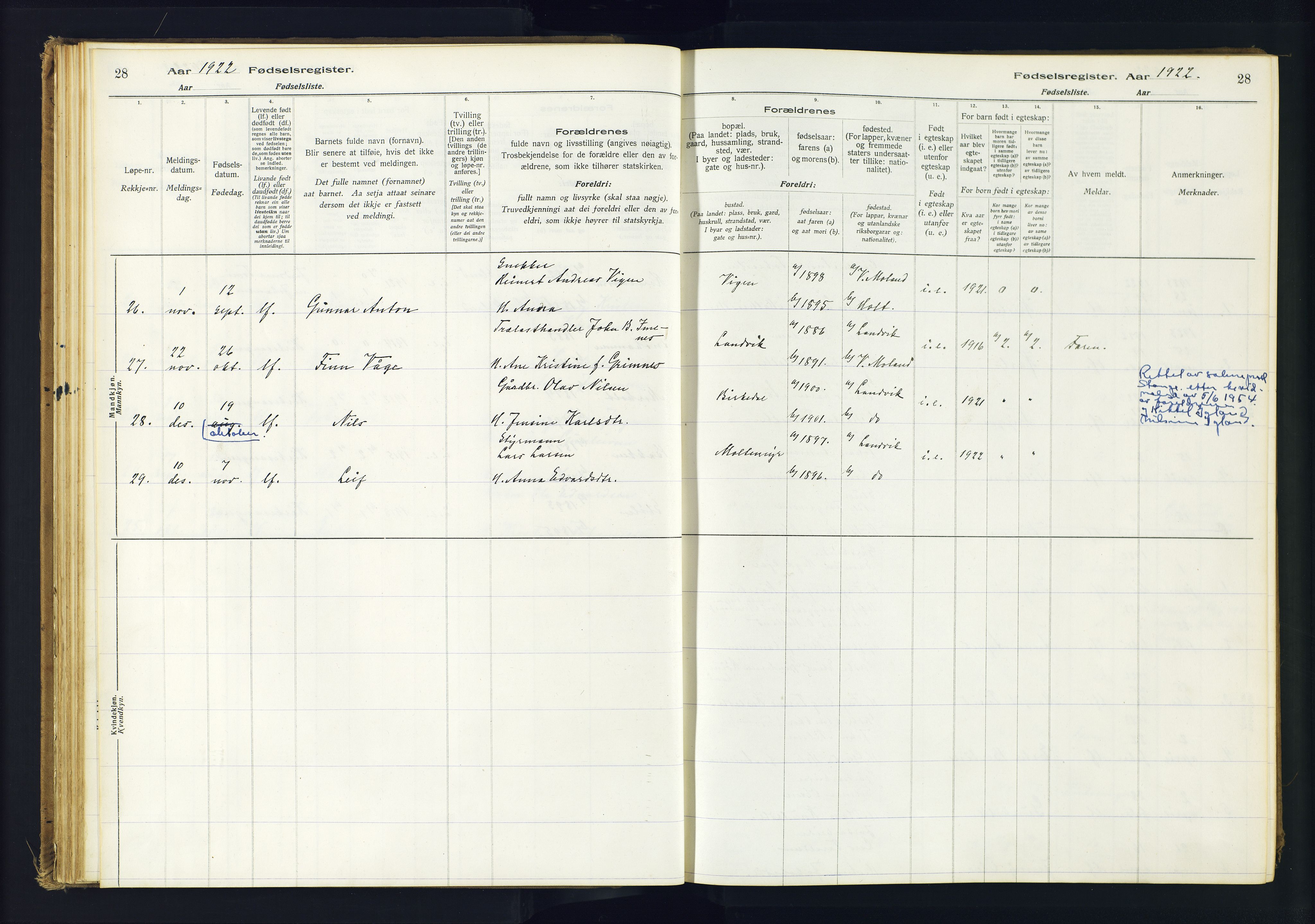 Hommedal sokneprestkontor, AV/SAK-1111-0023/J/Jd/L0001: Fødselsregister nr. 1, 1916-1962, s. 28