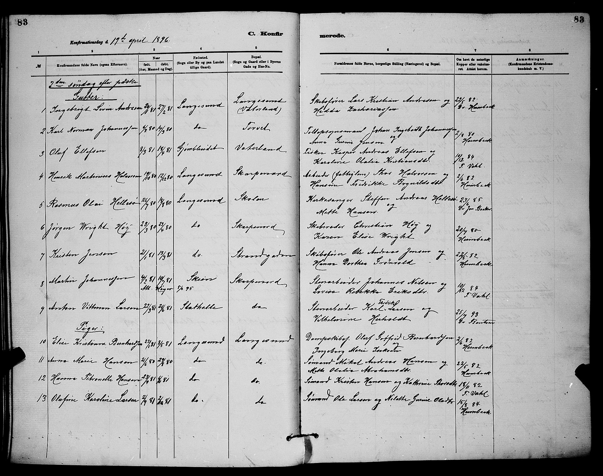 Langesund kirkebøker, AV/SAKO-A-280/G/Ga/L0005: Klokkerbok nr. 5, 1884-1898, s. 83