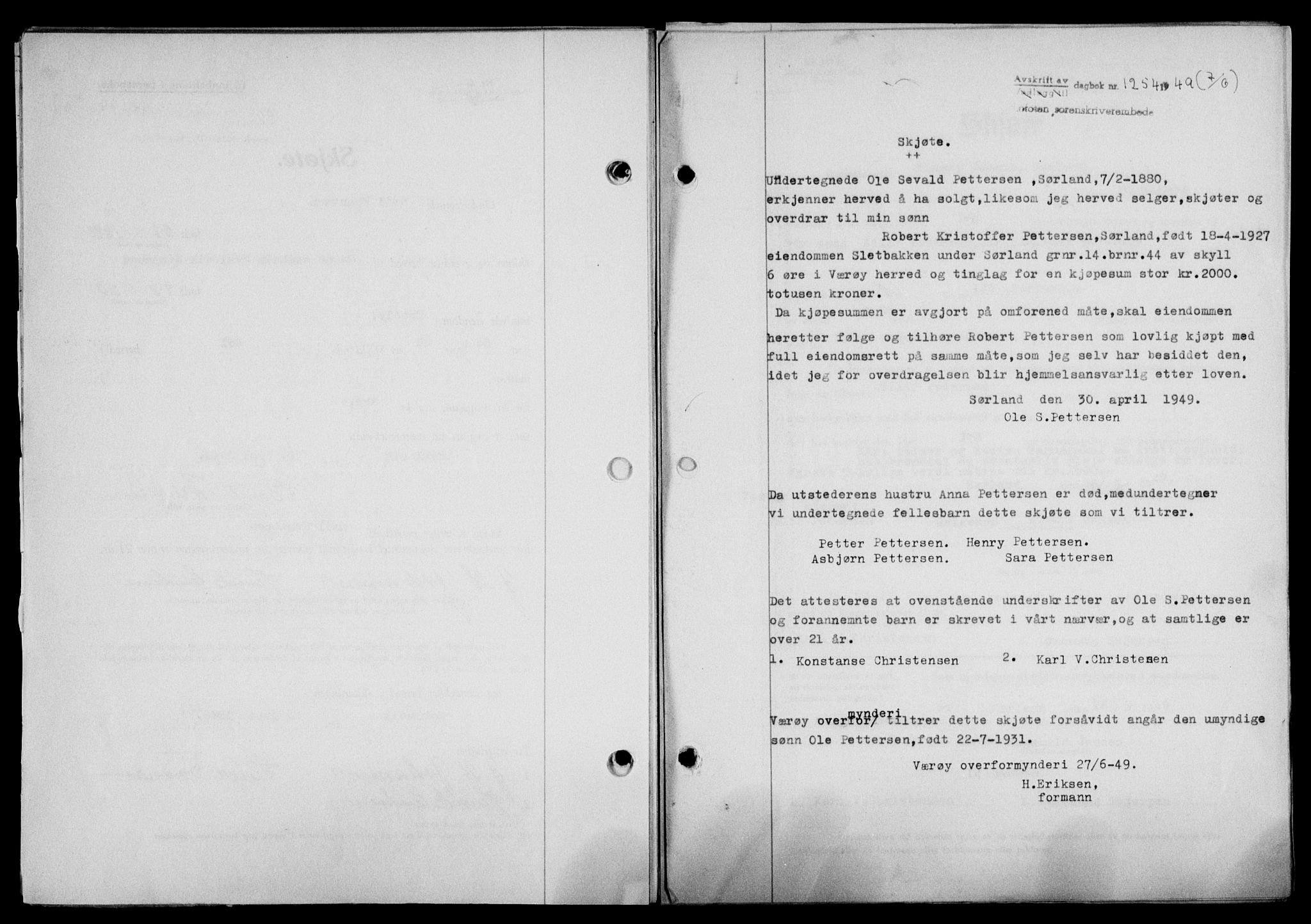 Lofoten sorenskriveri, SAT/A-0017/1/2/2C/L0021a: Pantebok nr. 21a, 1949-1949, Dagboknr: 1254/1949