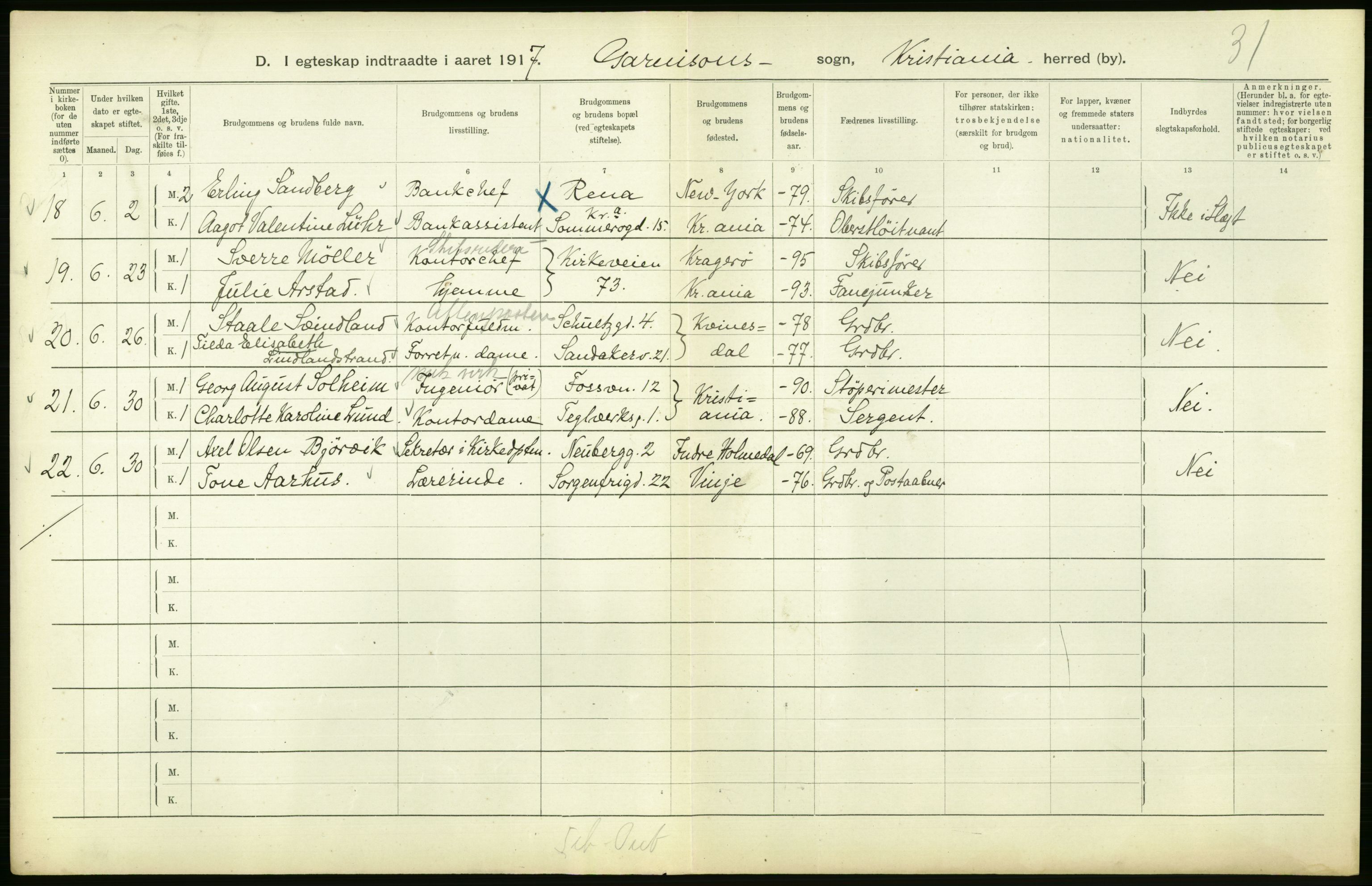 Statistisk sentralbyrå, Sosiodemografiske emner, Befolkning, AV/RA-S-2228/D/Df/Dfb/Dfbg/L0009: Kristiania: Gifte, 1917, s. 300