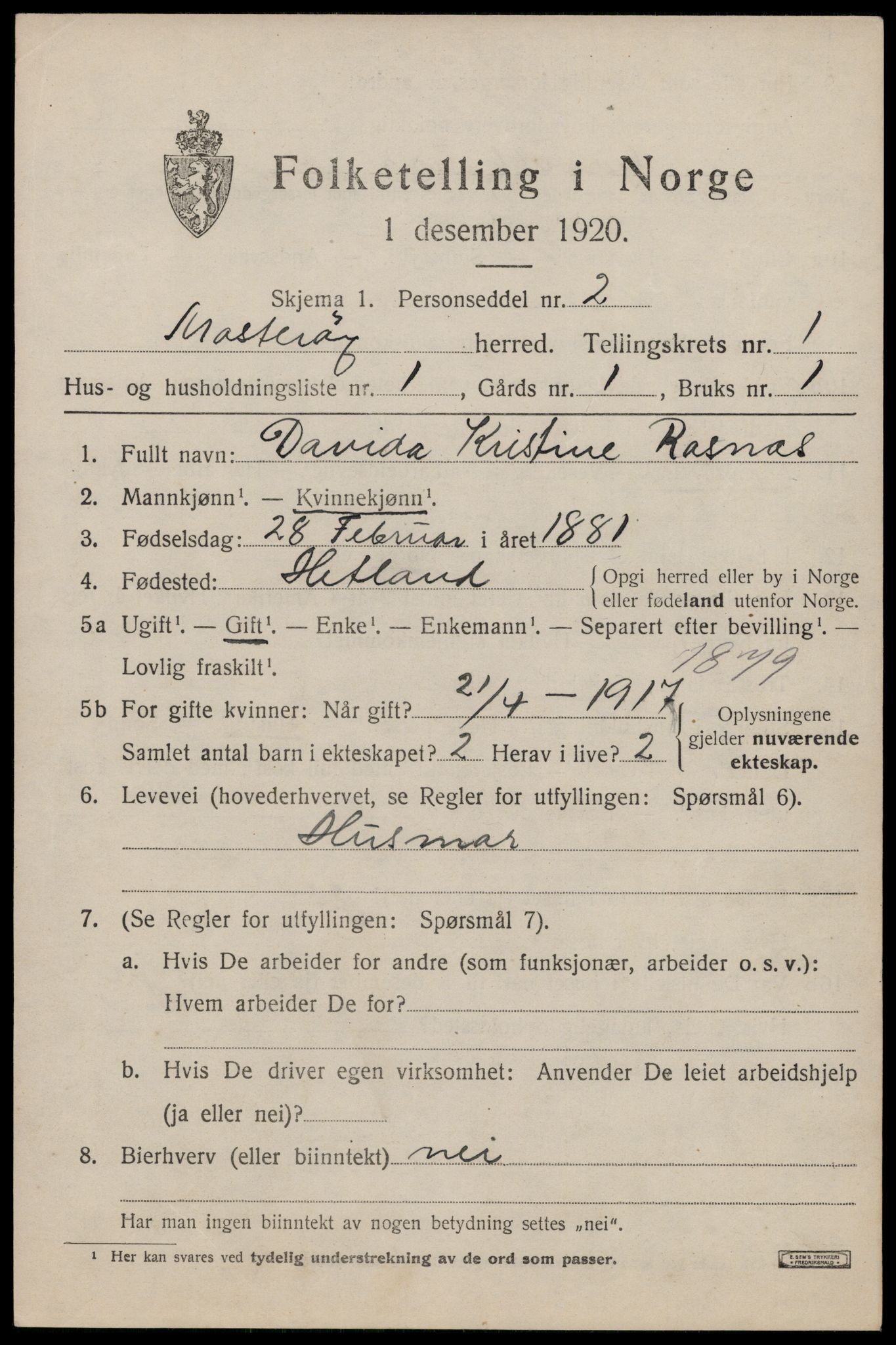 SAST, Folketelling 1920 for 1143 Mosterøy herred, 1920, s. 530