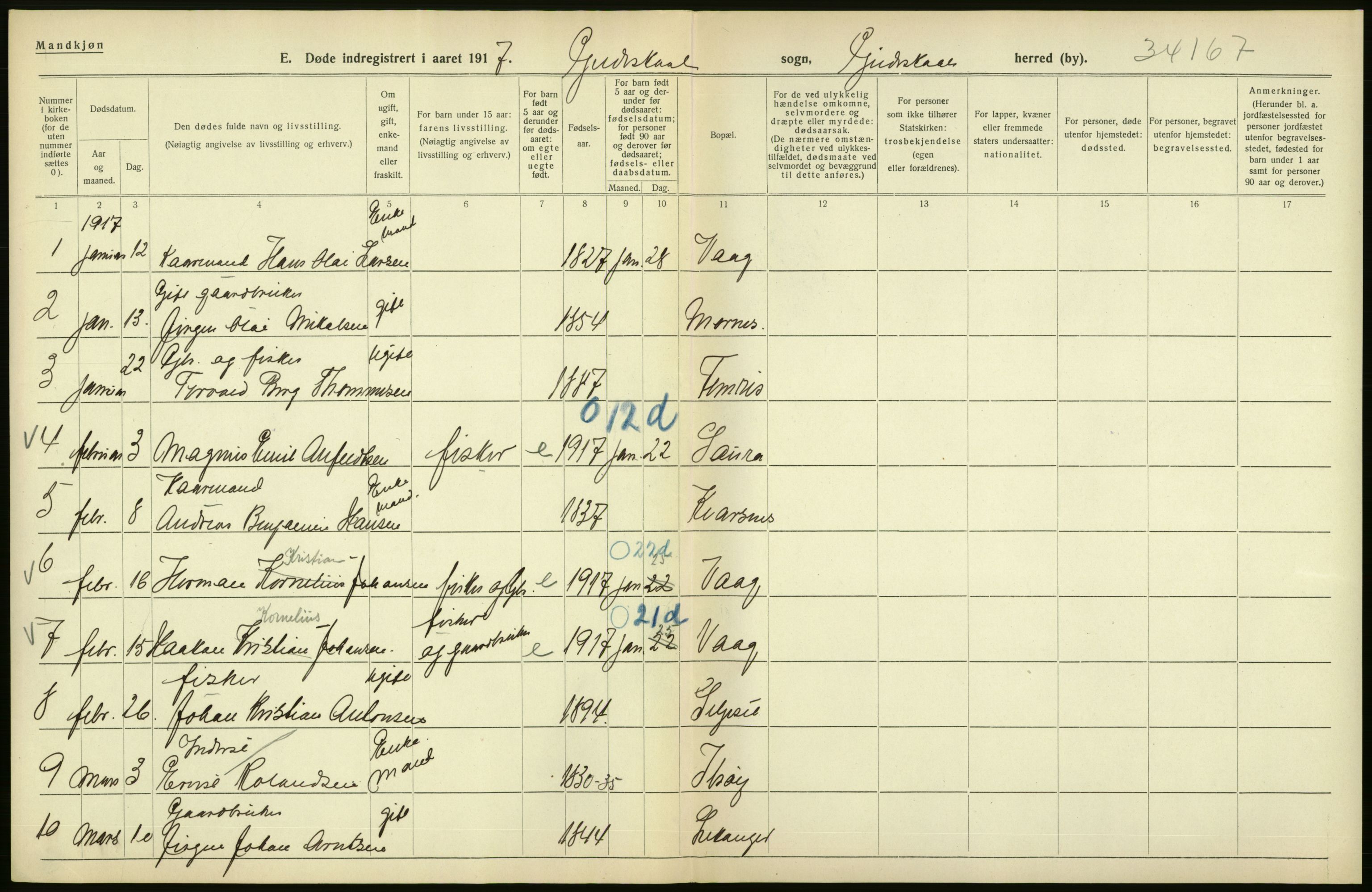 Statistisk sentralbyrå, Sosiodemografiske emner, Befolkning, AV/RA-S-2228/D/Df/Dfb/Dfbg/L0052: Nordlands amt: Døde. Bygder og byer., 1917, s. 6
