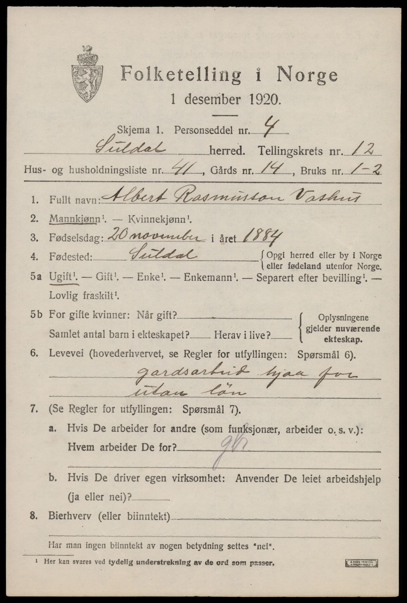SAST, Folketelling 1920 for 1134 Suldal herred, 1920, s. 3932