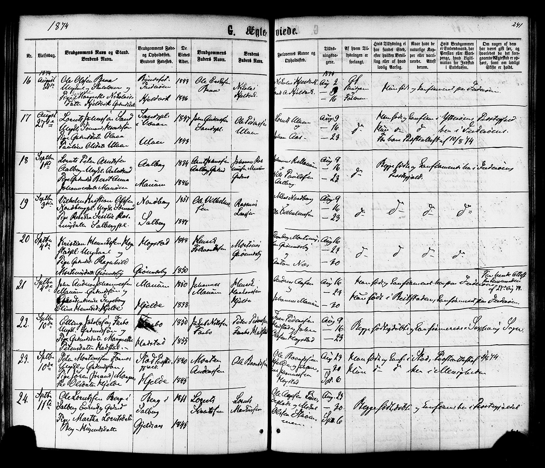 Ministerialprotokoller, klokkerbøker og fødselsregistre - Nord-Trøndelag, AV/SAT-A-1458/730/L0284: Ministerialbok nr. 730A09, 1866-1878, s. 241