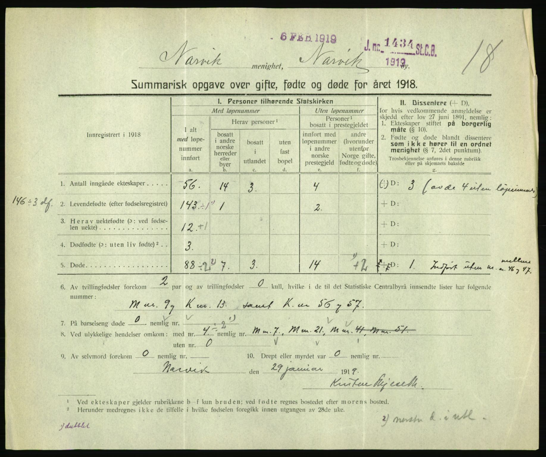 Statistisk sentralbyrå, Sosiodemografiske emner, Befolkning, AV/RA-S-2228/D/Df/Dfb/Dfbh/L0059: Summariske oppgaver over gifte, fødte og døde for hele landet., 1918, s. 1589