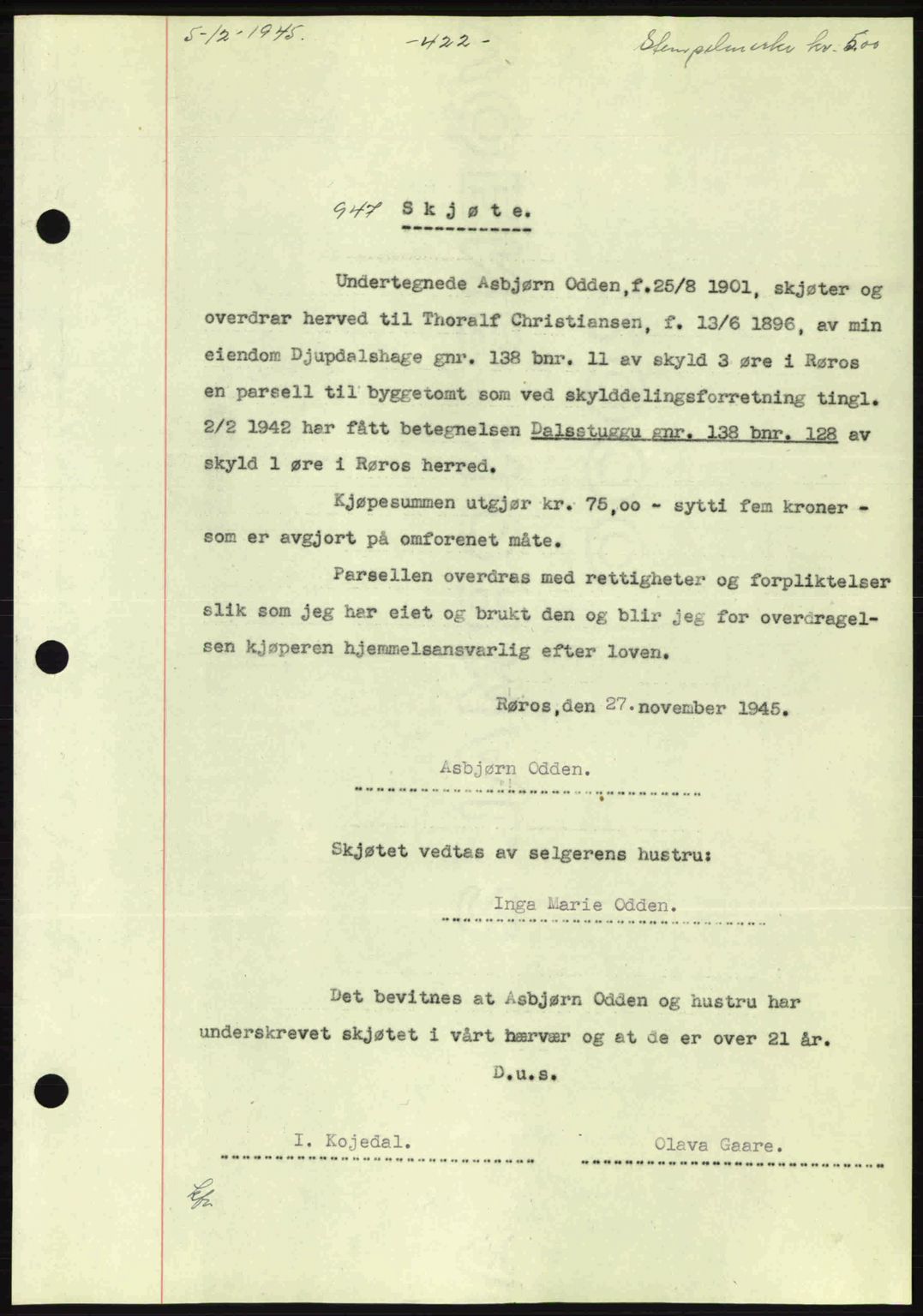 Gauldal sorenskriveri, SAT/A-0014/1/2/2C: Pantebok nr. A1a, 1945-1945, Dagboknr: 947/1945